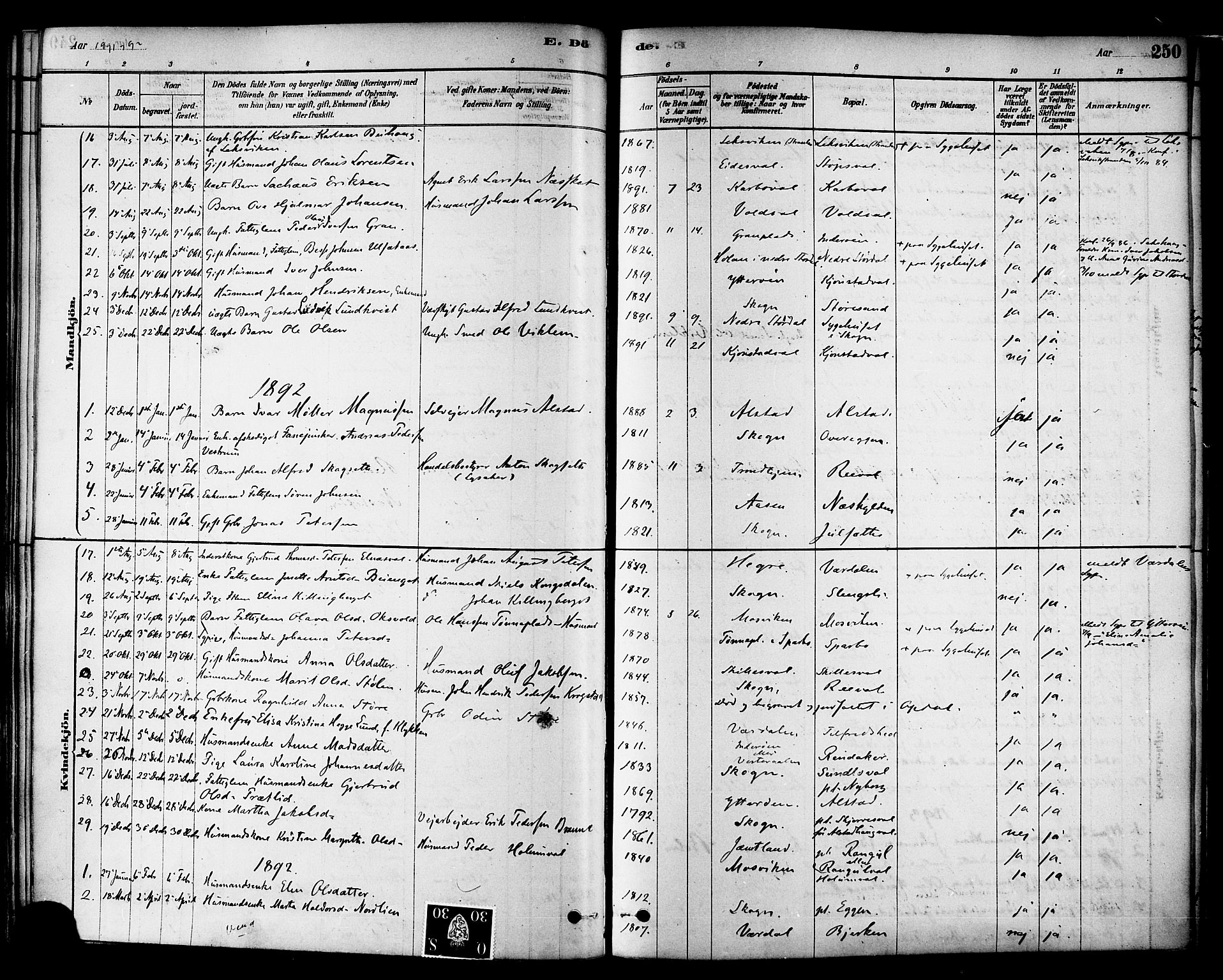 Ministerialprotokoller, klokkerbøker og fødselsregistre - Nord-Trøndelag, SAT/A-1458/717/L0159: Ministerialbok nr. 717A09, 1878-1898, s. 250
