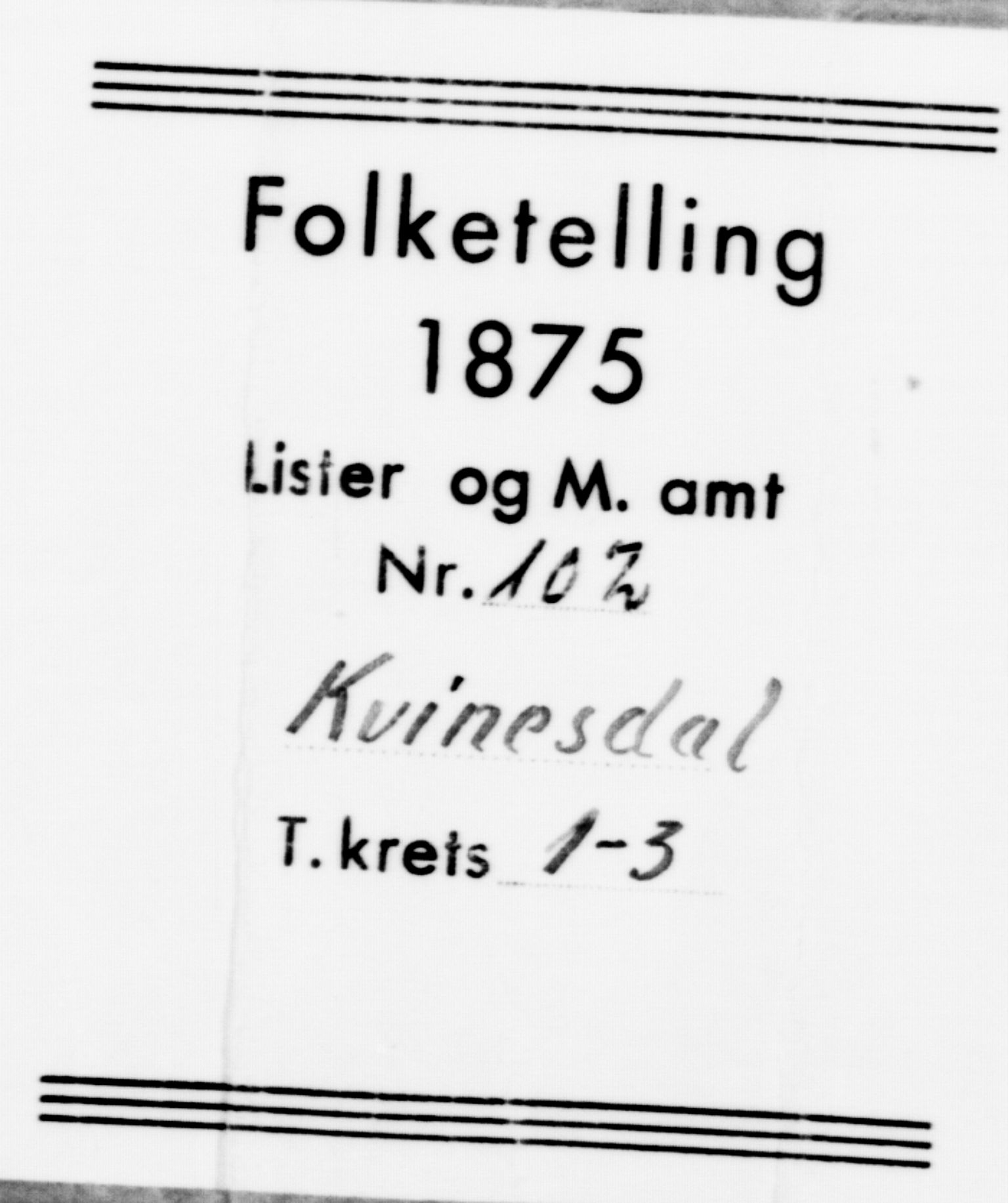 SAK, Folketelling 1875 for 1037P Kvinesdal prestegjeld, 1875, s. 89