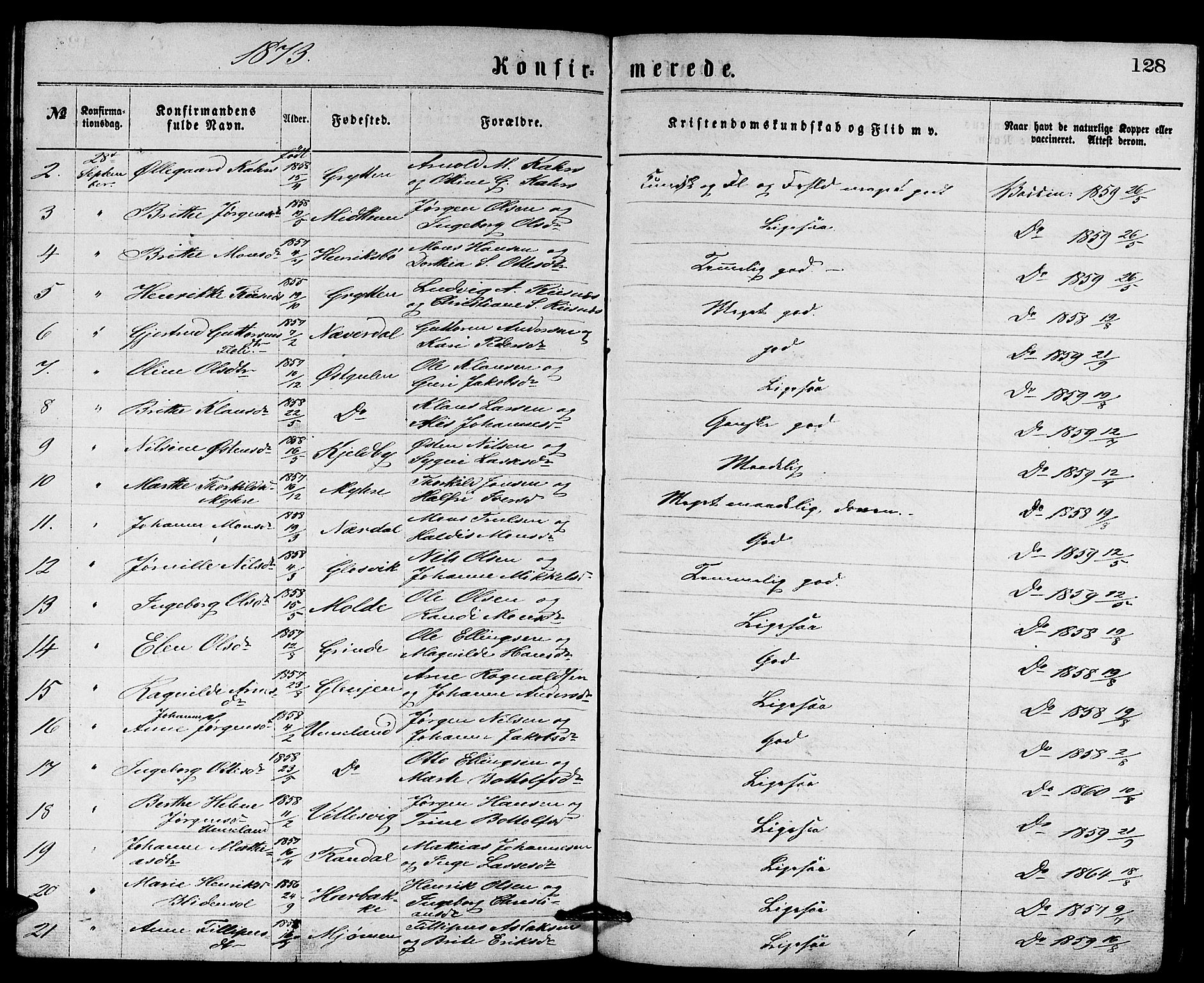 Gulen sokneprestembete, AV/SAB-A-80201/H/Hab/Habb/L0002: Klokkerbok nr. B 2, 1867-1883, s. 128