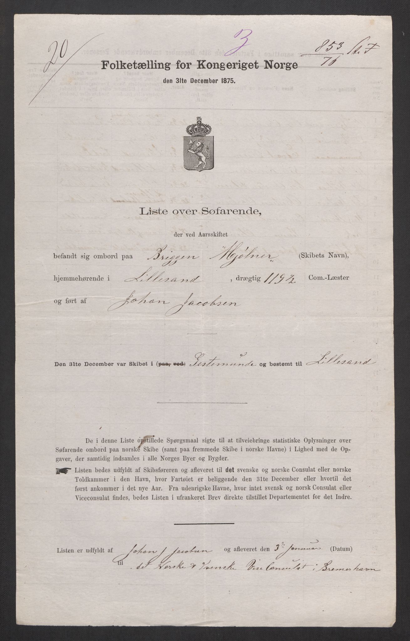 RA, Folketelling 1875, skipslister: Skip i utenrikske havner, hjemmehørende i 1) byer og ladesteder, Grimstad - Tromsø, 2) landdistrikter, 1875, s. 191