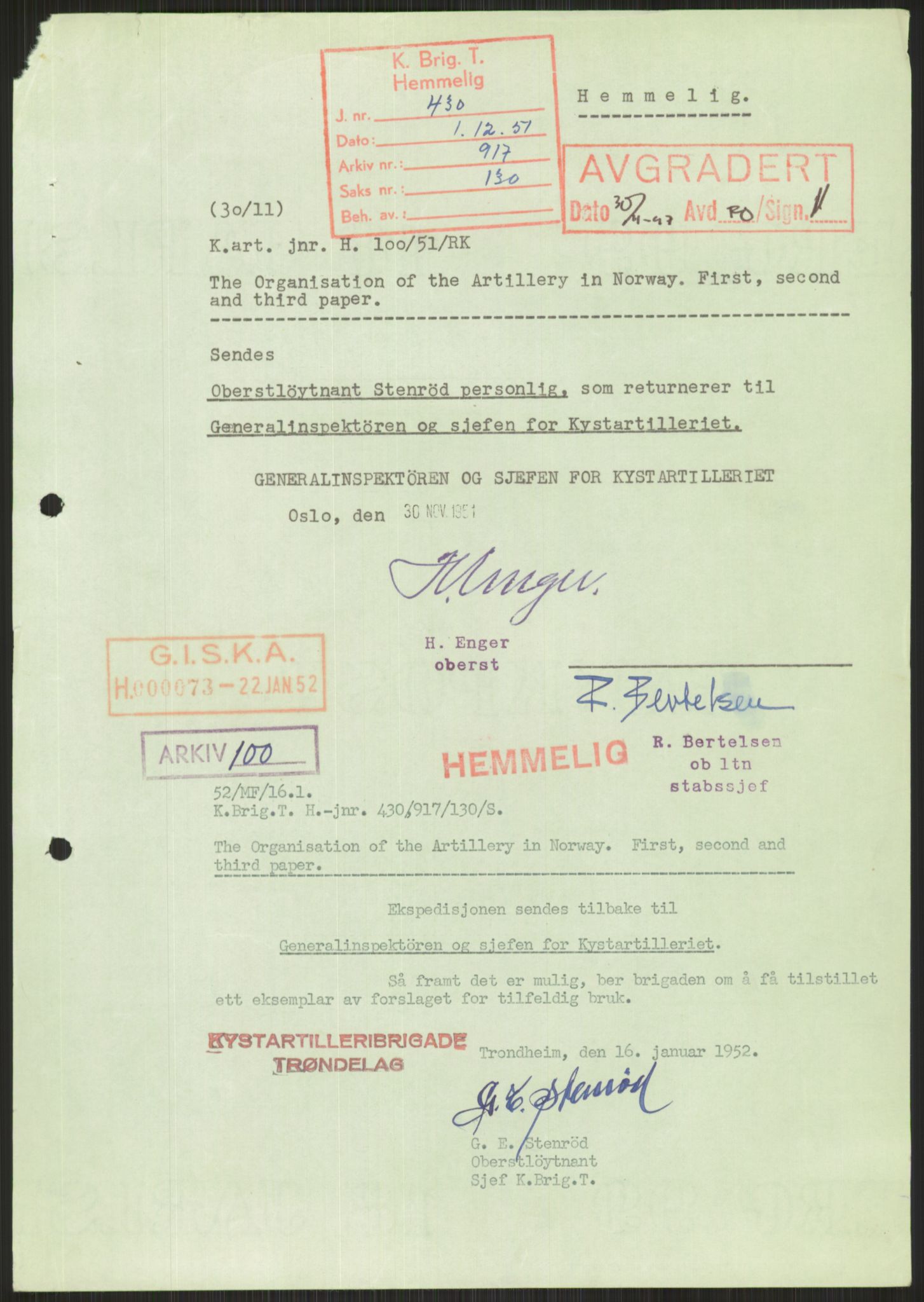 Forsvaret, Generalinspektør og sjefen for Kystartilleriet, AV/RA-RAFA-2045/D/Da/L0028: ORGANISASJON, 1952, s. 3