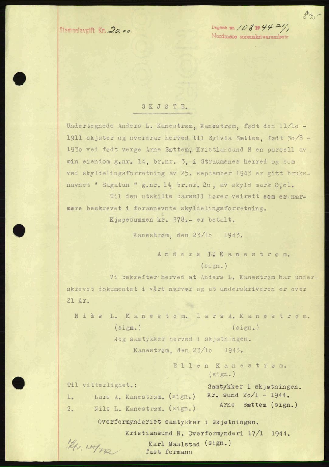 Nordmøre sorenskriveri, SAT/A-4132/1/2/2Ca: Pantebok nr. A96, 1943-1944, Dagboknr: 108/1944