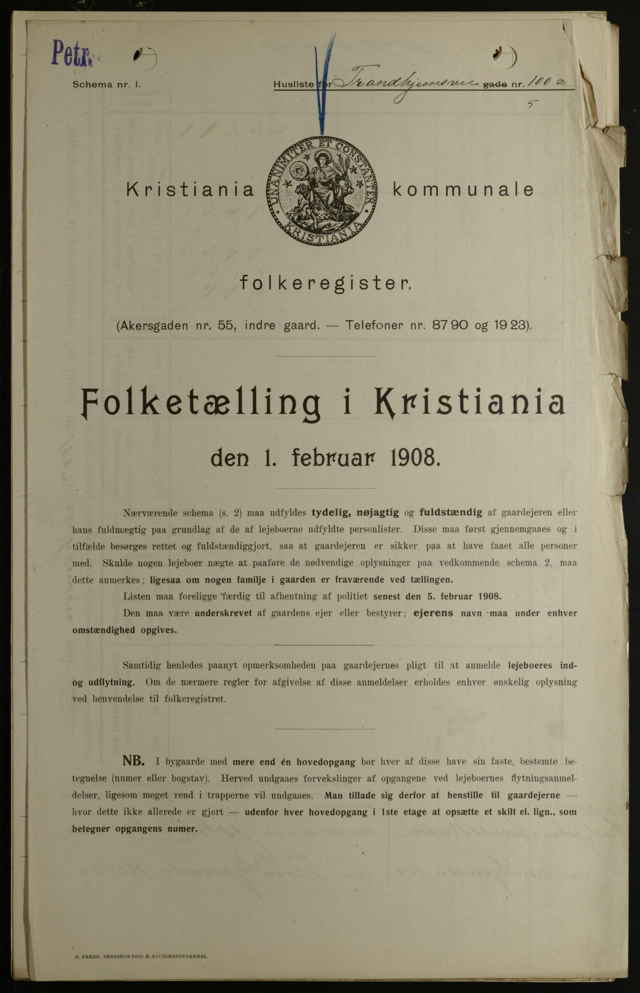 OBA, Kommunal folketelling 1.2.1908 for Kristiania kjøpstad, 1908, s. 104284