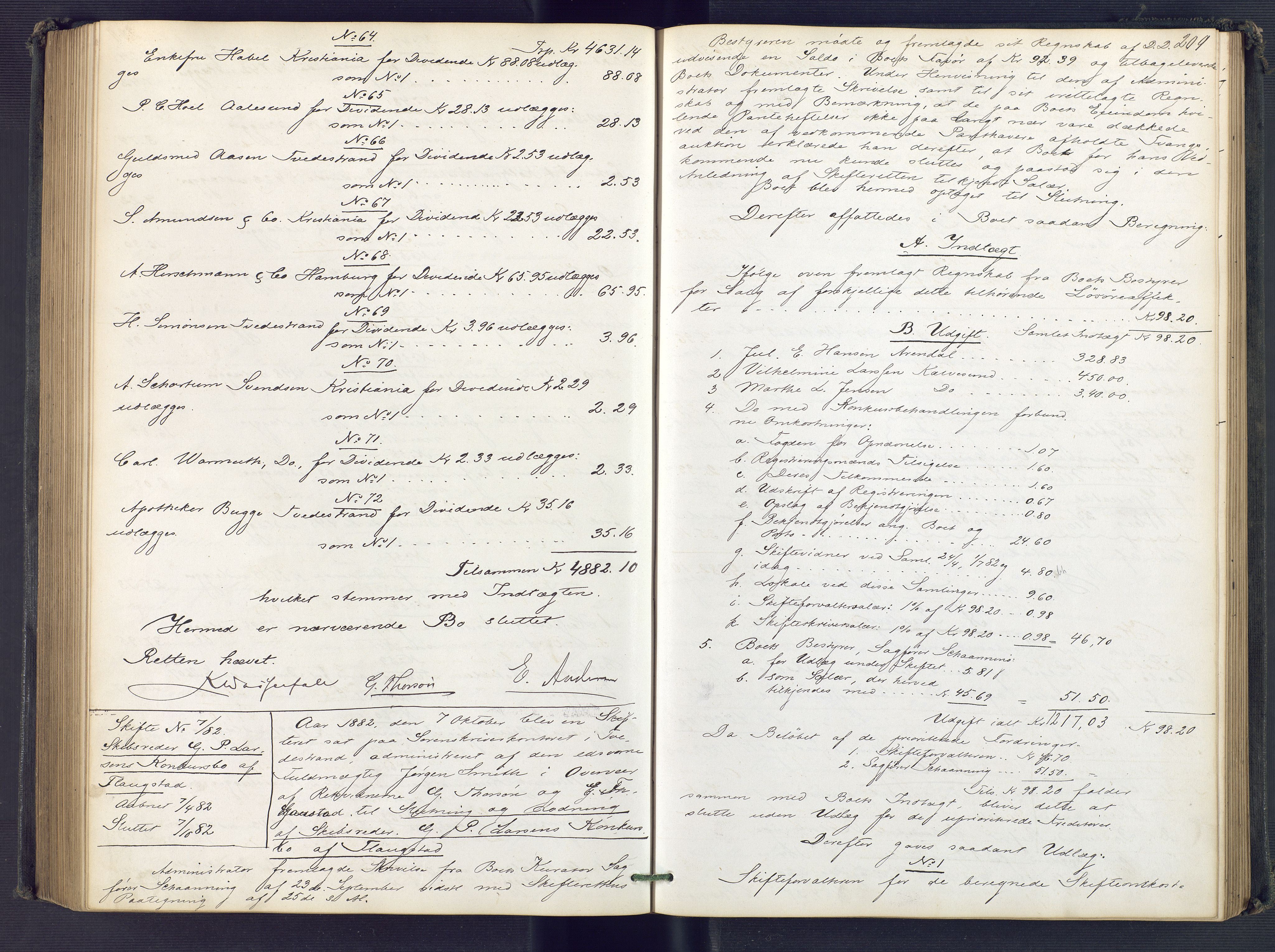 Holt sorenskriveri, AV/SAK-1221-0002/H/Hc/L0033: Skifteutlodningsprotokoll nr. 8, 1879-1884, s. 208b-209a