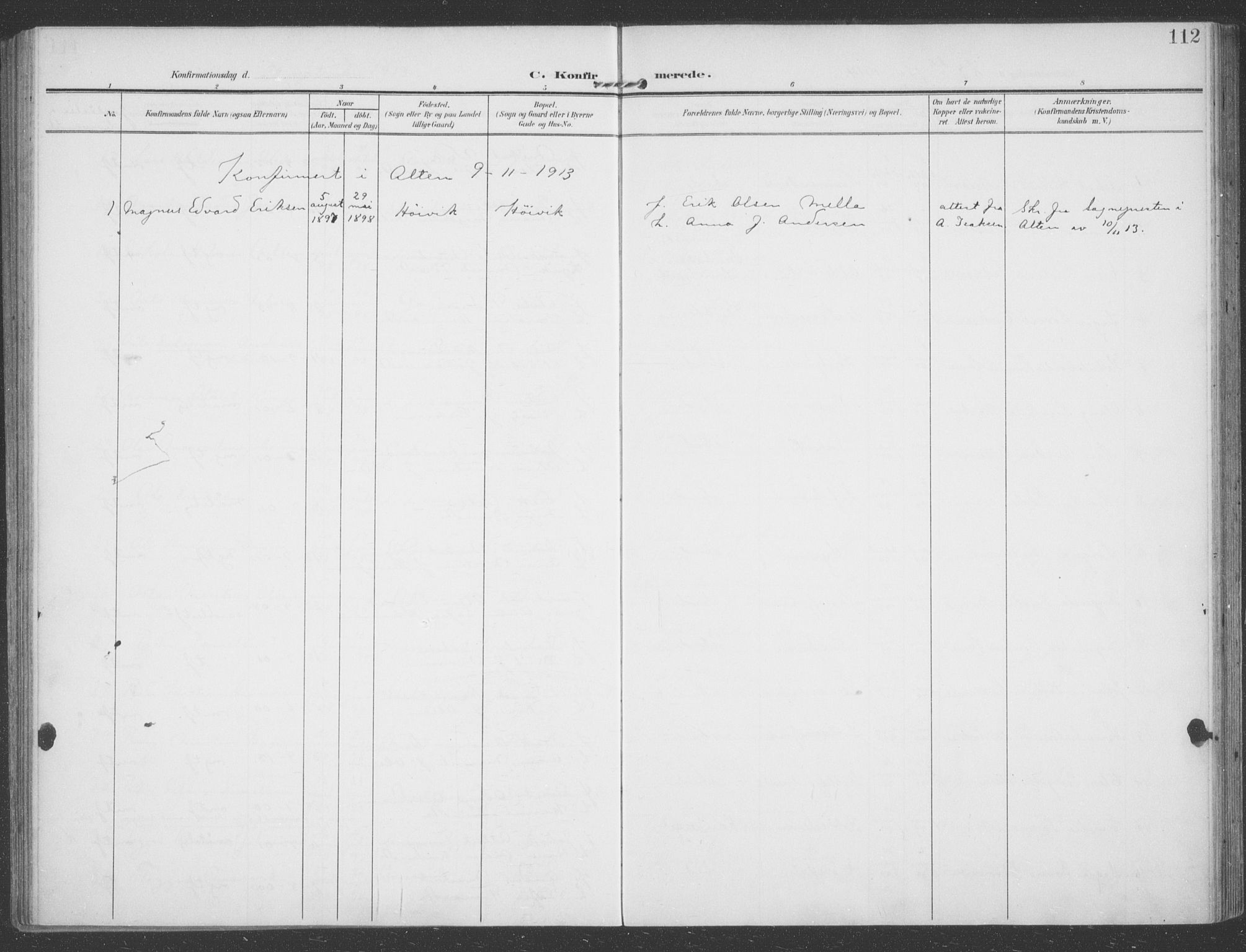 Talvik sokneprestkontor, AV/SATØ-S-1337/H/Ha/L0017kirke: Ministerialbok nr. 17, 1906-1915, s. 112