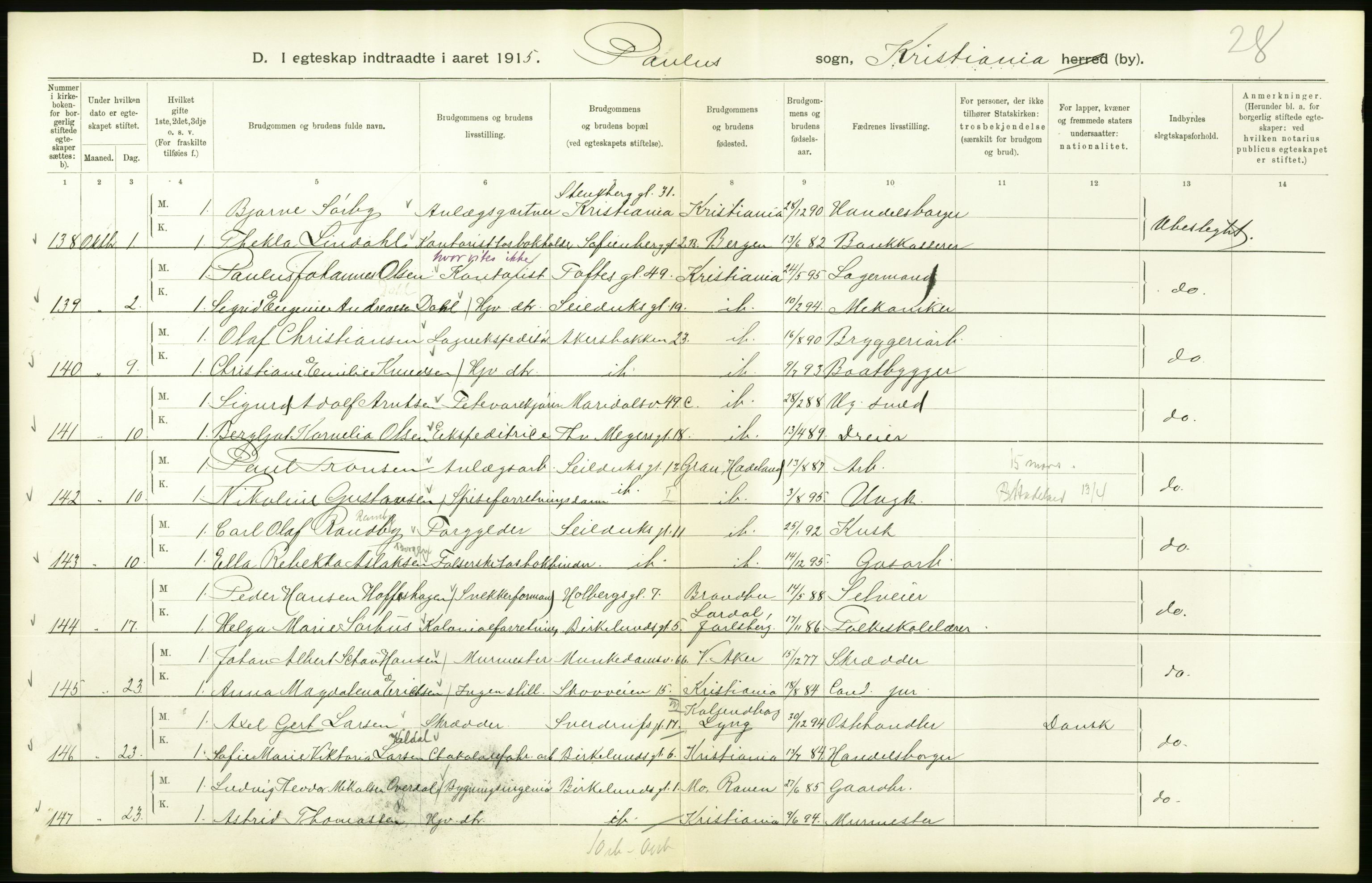 Statistisk sentralbyrå, Sosiodemografiske emner, Befolkning, RA/S-2228/D/Df/Dfb/Dfbe/L0008: Kristiania: Gifte., 1915, s. 520