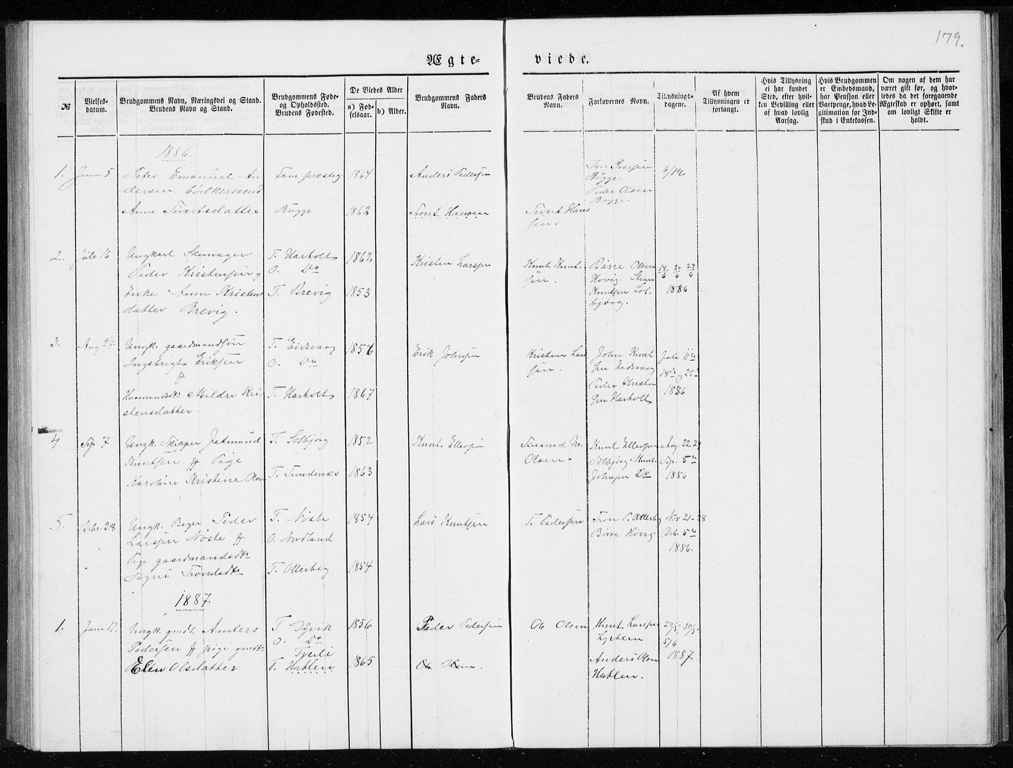 Ministerialprotokoller, klokkerbøker og fødselsregistre - Møre og Romsdal, AV/SAT-A-1454/551/L0631: Klokkerbok nr. 551C03, 1886-1894, s. 179