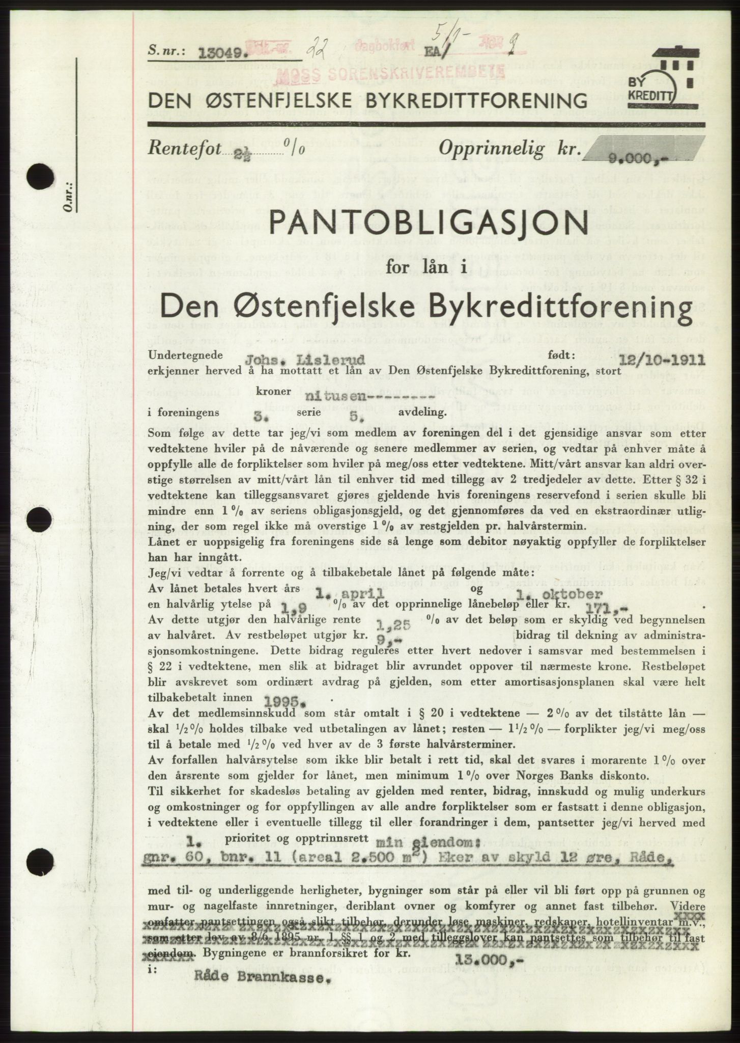 Moss sorenskriveri, SAO/A-10168: Pantebok nr. B21, 1949-1949, Dagboknr: 22/1949