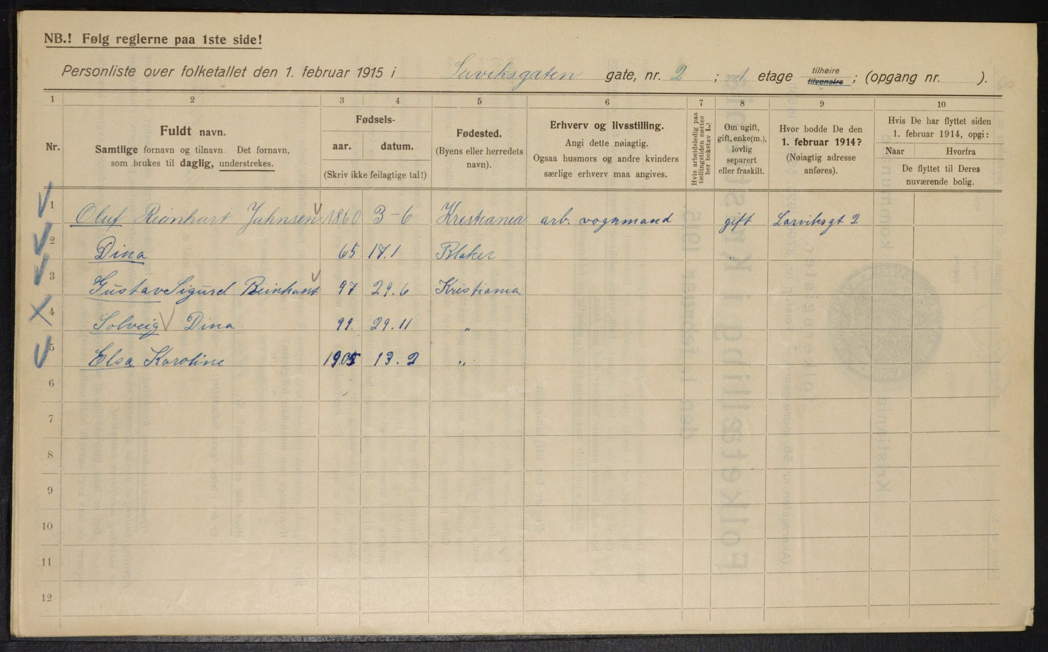 OBA, Kommunal folketelling 1.2.1915 for Kristiania, 1915, s. 56596