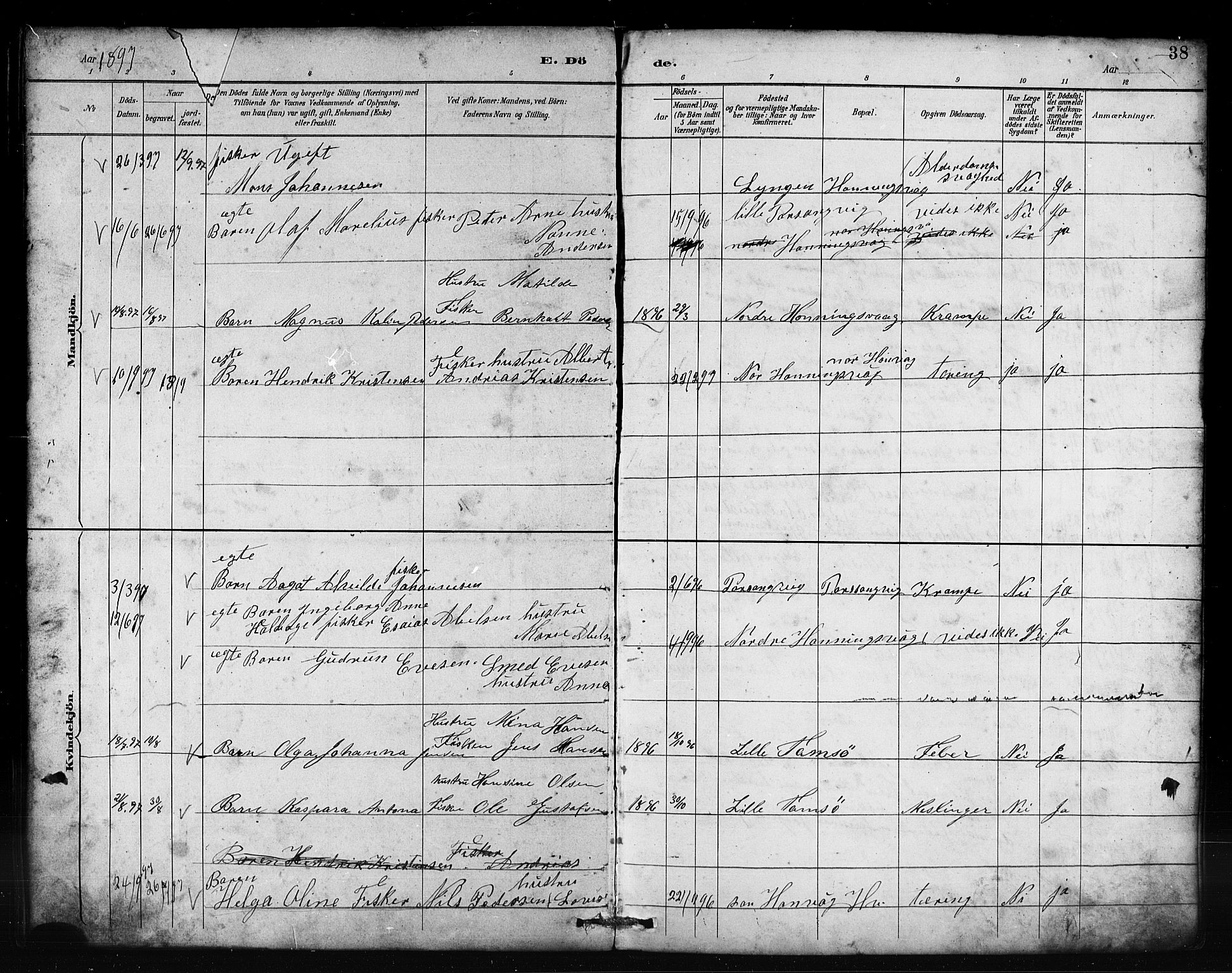 Kjelvik/Nordkapp sokneprestkontor, AV/SATØ-S-1350/J/Ja/L0027: Annen kirkebok nr. 27, 1887-1918, s. 38