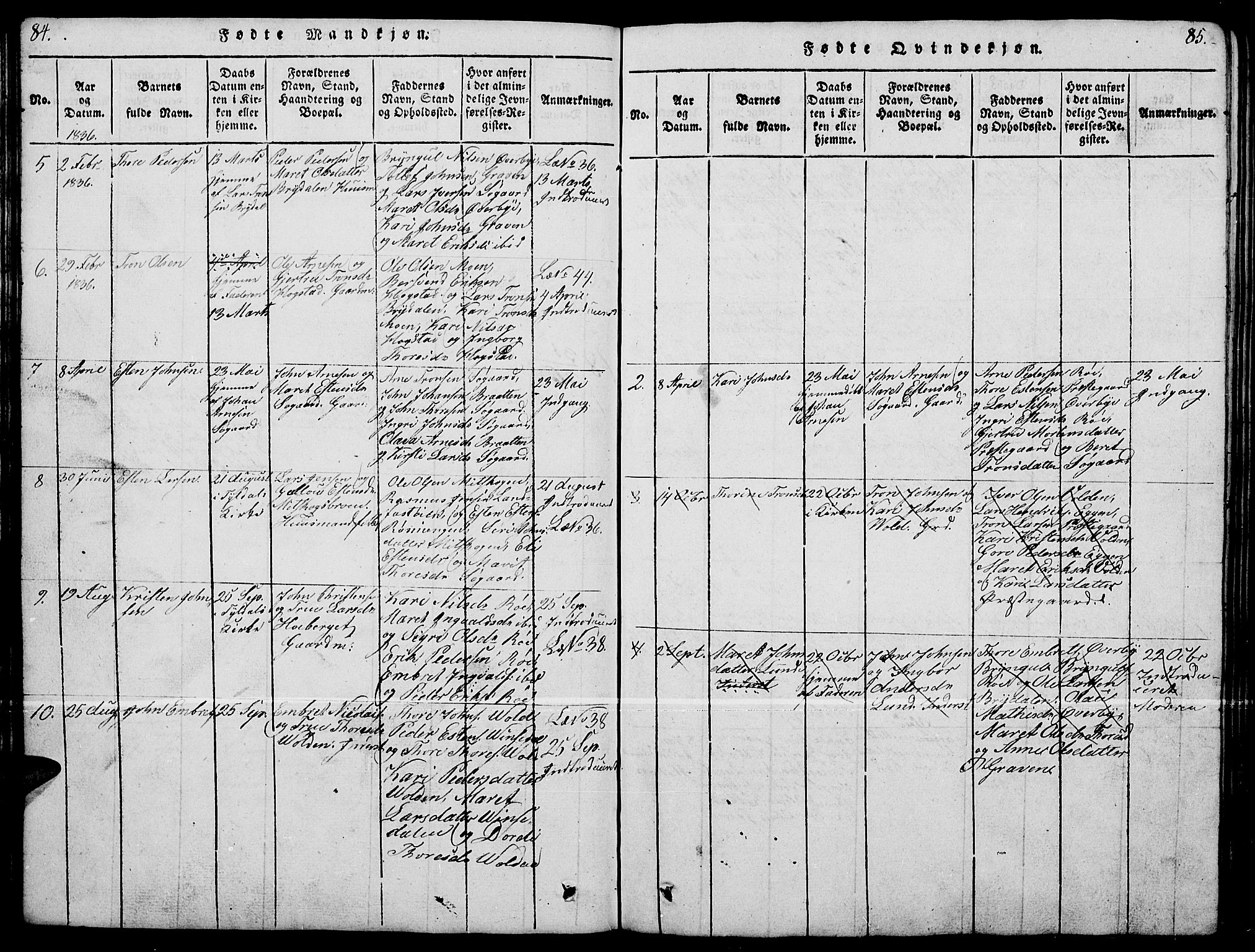 Tynset prestekontor, SAH/PREST-058/H/Ha/Hab/L0004: Klokkerbok nr. 4, 1814-1879, s. 84-85