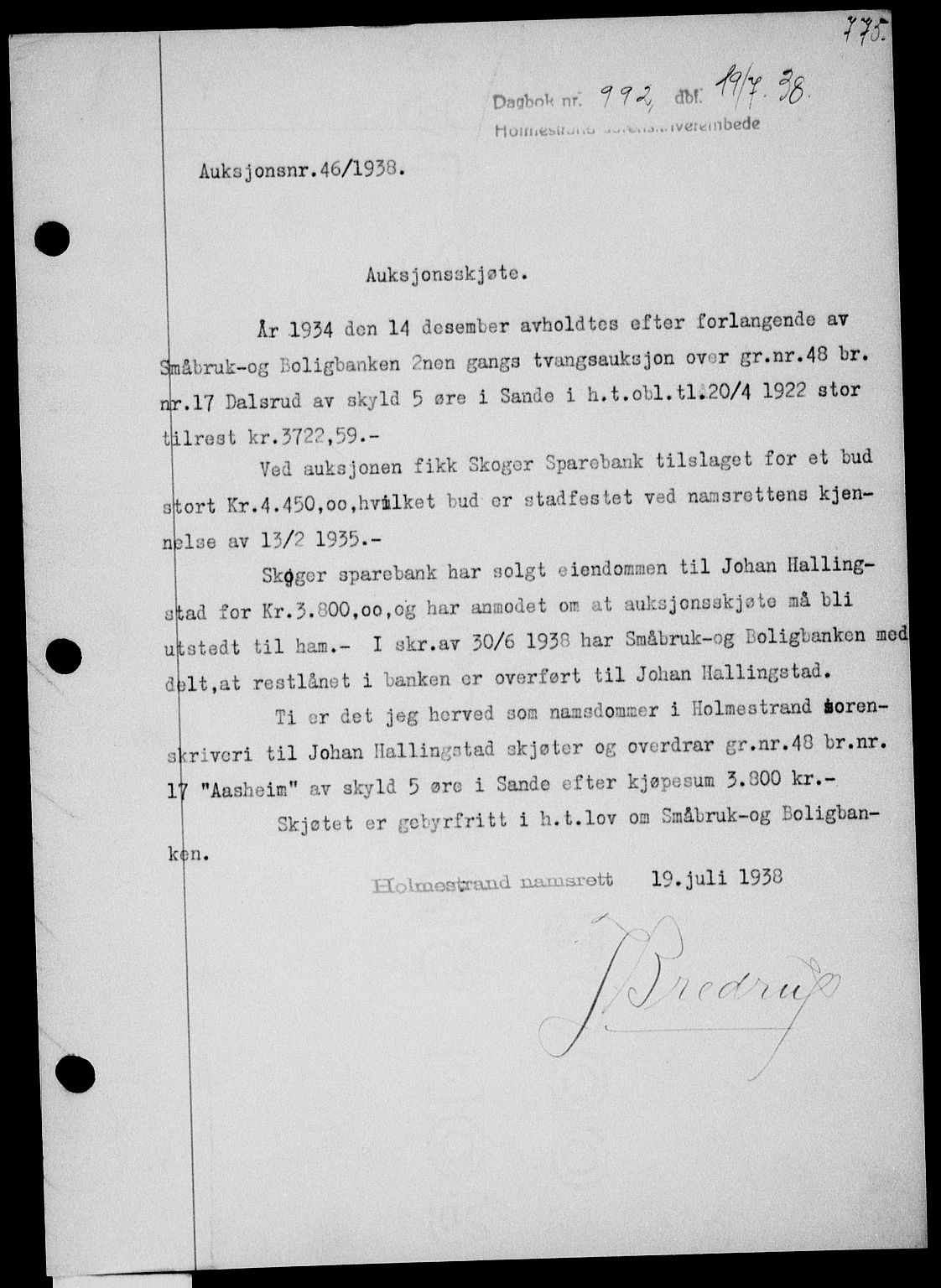 Holmestrand sorenskriveri, SAKO/A-67/G/Ga/Gaa/L0049: Pantebok nr. A-49, 1937-1938, Dagboknr: 992/1938
