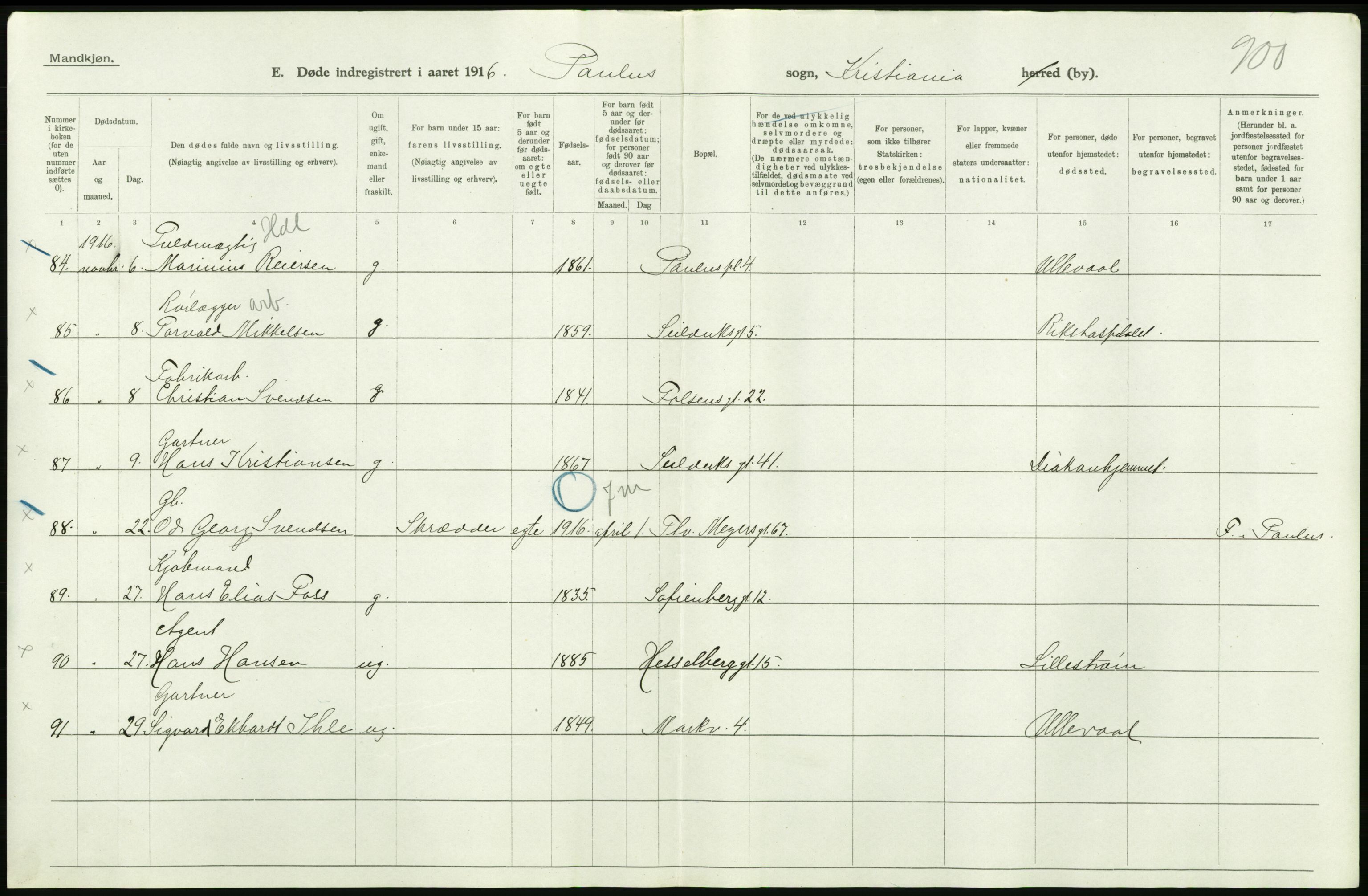 Statistisk sentralbyrå, Sosiodemografiske emner, Befolkning, AV/RA-S-2228/D/Df/Dfb/Dfbf/L0009: Kristiania: Døde., 1916, s. 70