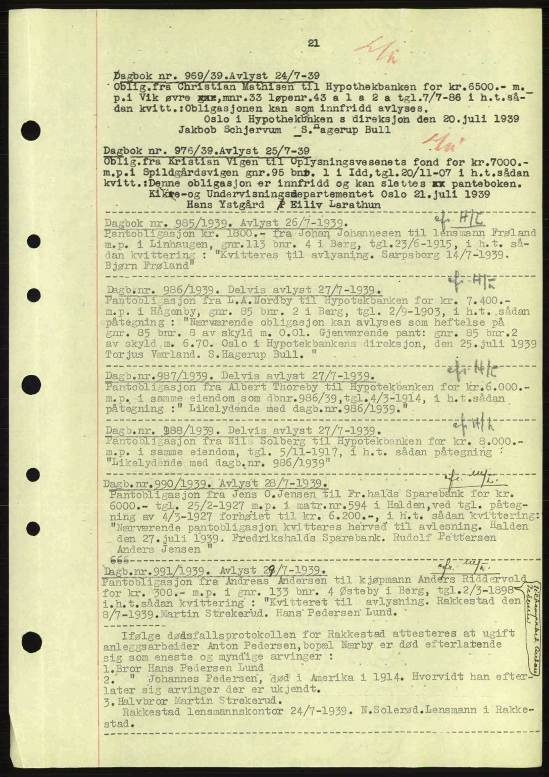 Idd og Marker sorenskriveri, AV/SAO-A-10283/G/Gb/Gbc/L0002: Pantebok nr. B4-9a, 1939-1945, Dagboknr: 969/1939