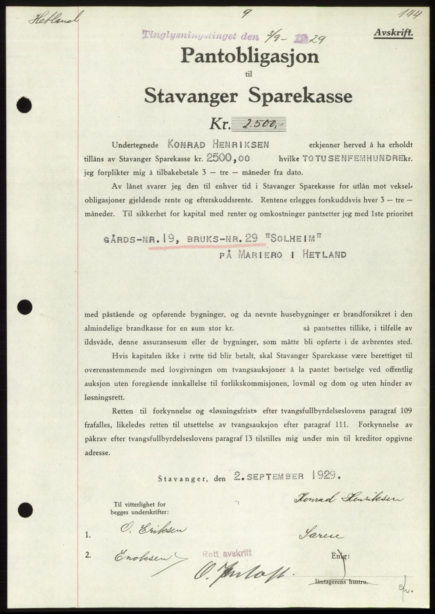Jæren sorenskriveri, SAST/A-100310/03/G/Gba/L0057: Pantebok nr. 51-52, 1929-1930, Tingl.dato: 03.09.1929