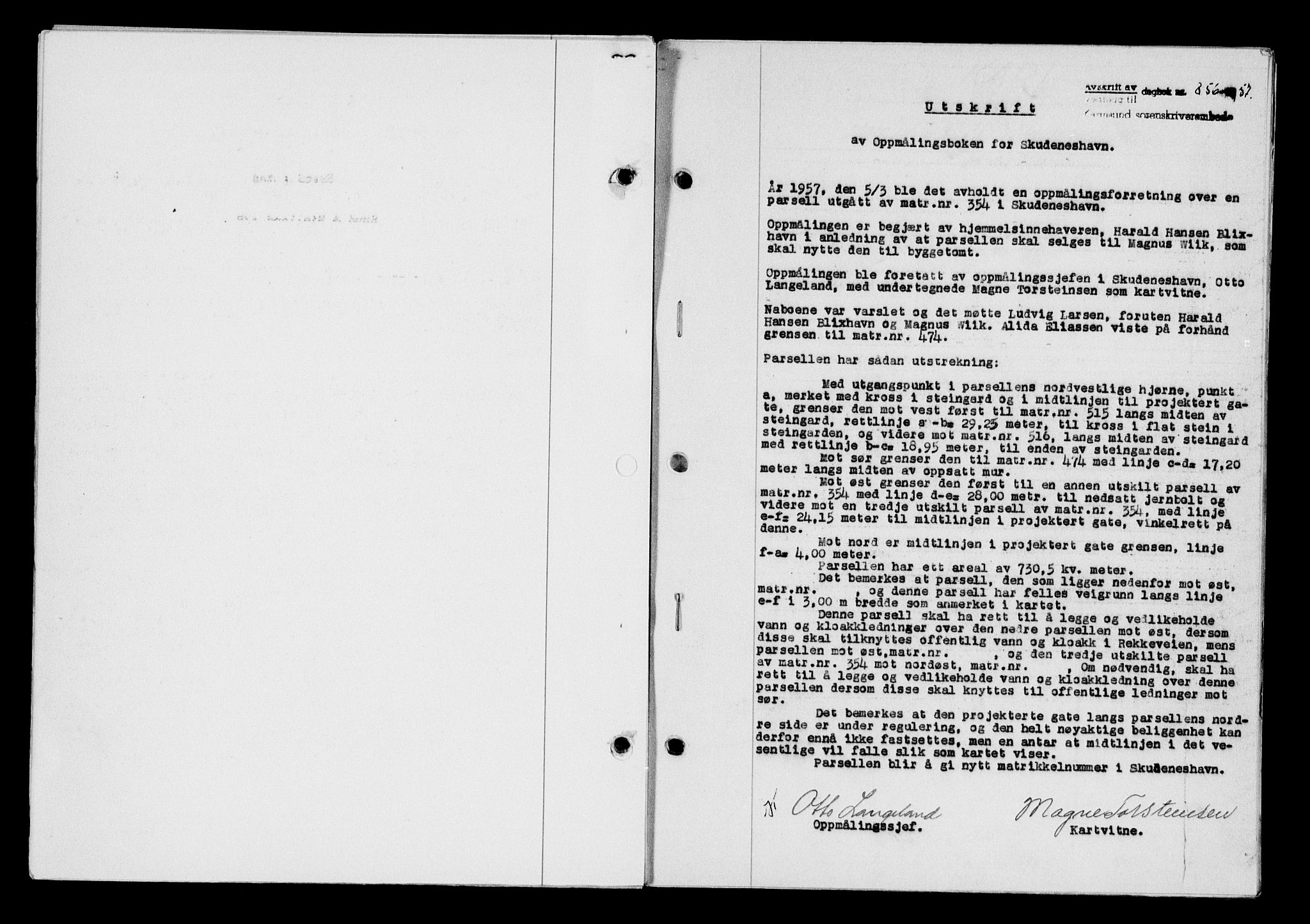 Karmsund sorenskriveri, SAST/A-100311/01/II/IIB/L0124: Pantebok nr. 104A, 1957-1957, Dagboknr: 856/1957
