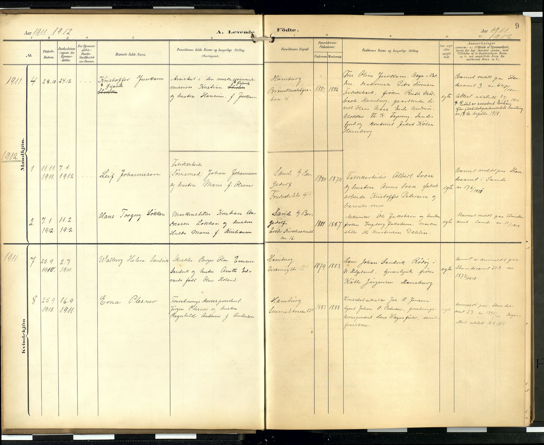 Den norske sjømannsmisjon i utlandet/Hamburg, AV/SAB-SAB/PA-0107/H/Ha/L0001: Ministerialbok nr. A 1, 1907-1951, s. 8b-9a