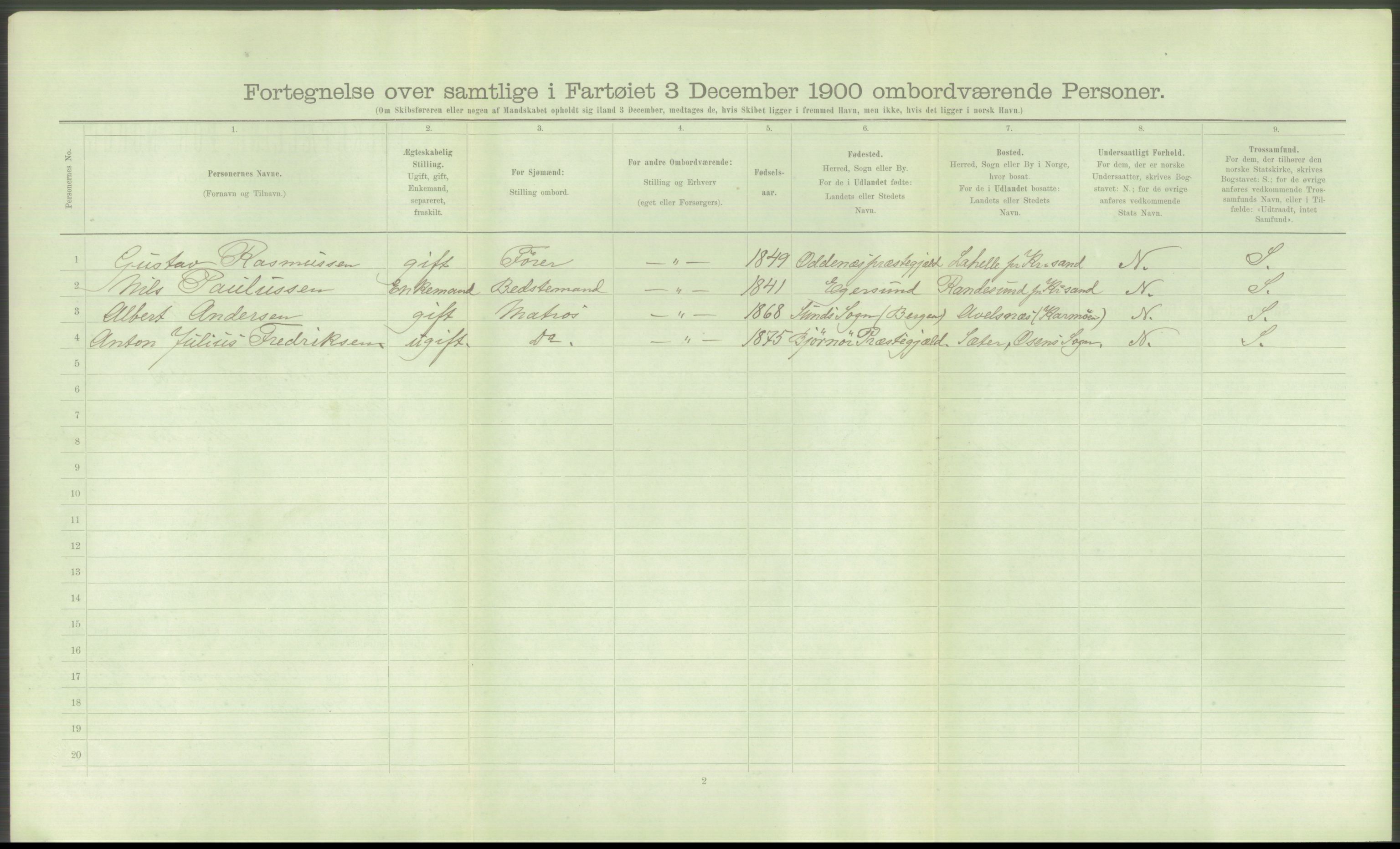 RA, Folketelling 1900 - skipslister med personlister for skip i norske havner, utenlandske havner og til havs, 1900, s. 876