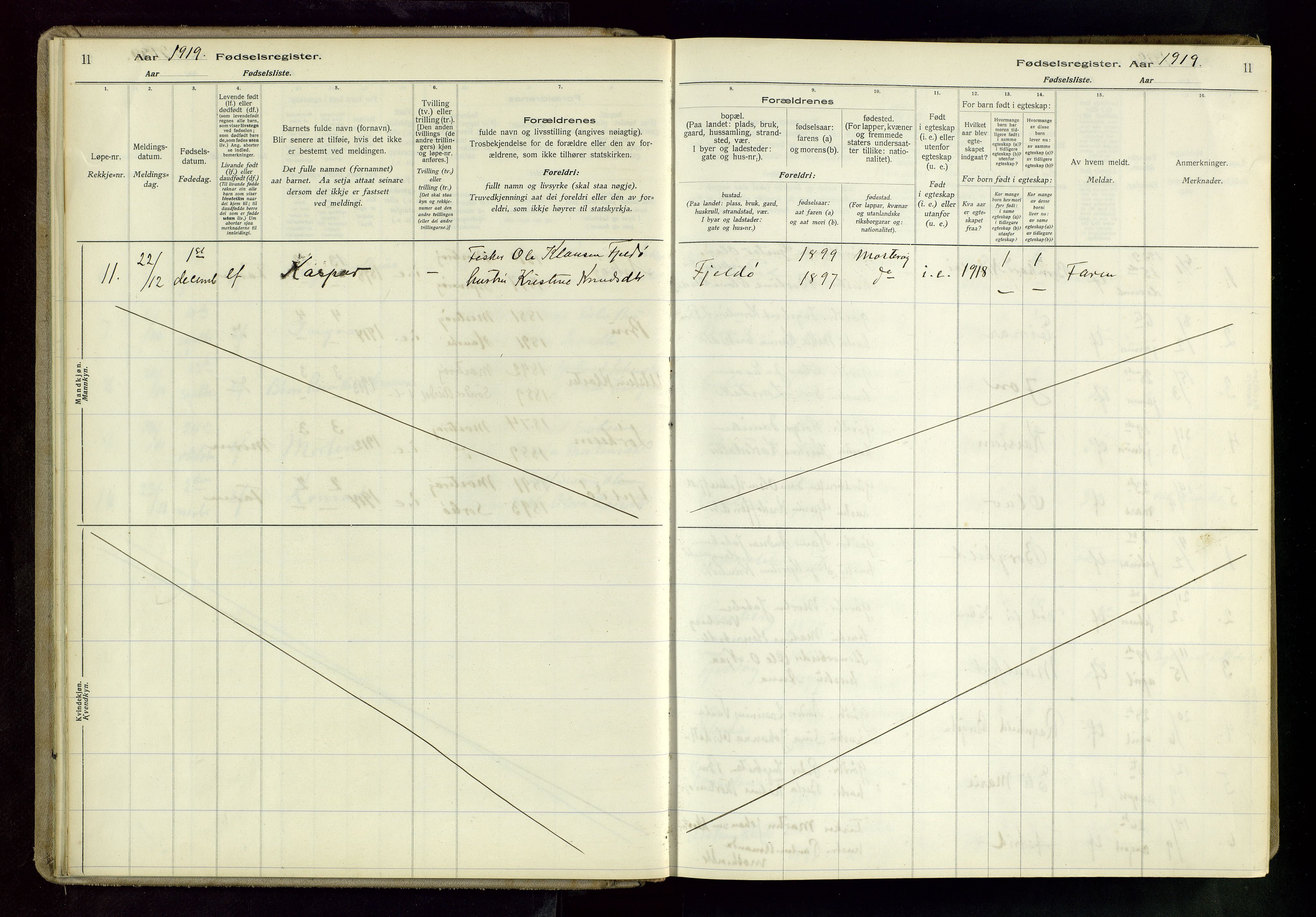 Rennesøy sokneprestkontor, AV/SAST-A -101827/I/Id/L0002: Fødselsregister nr. 2, 1916-1982, s. 11