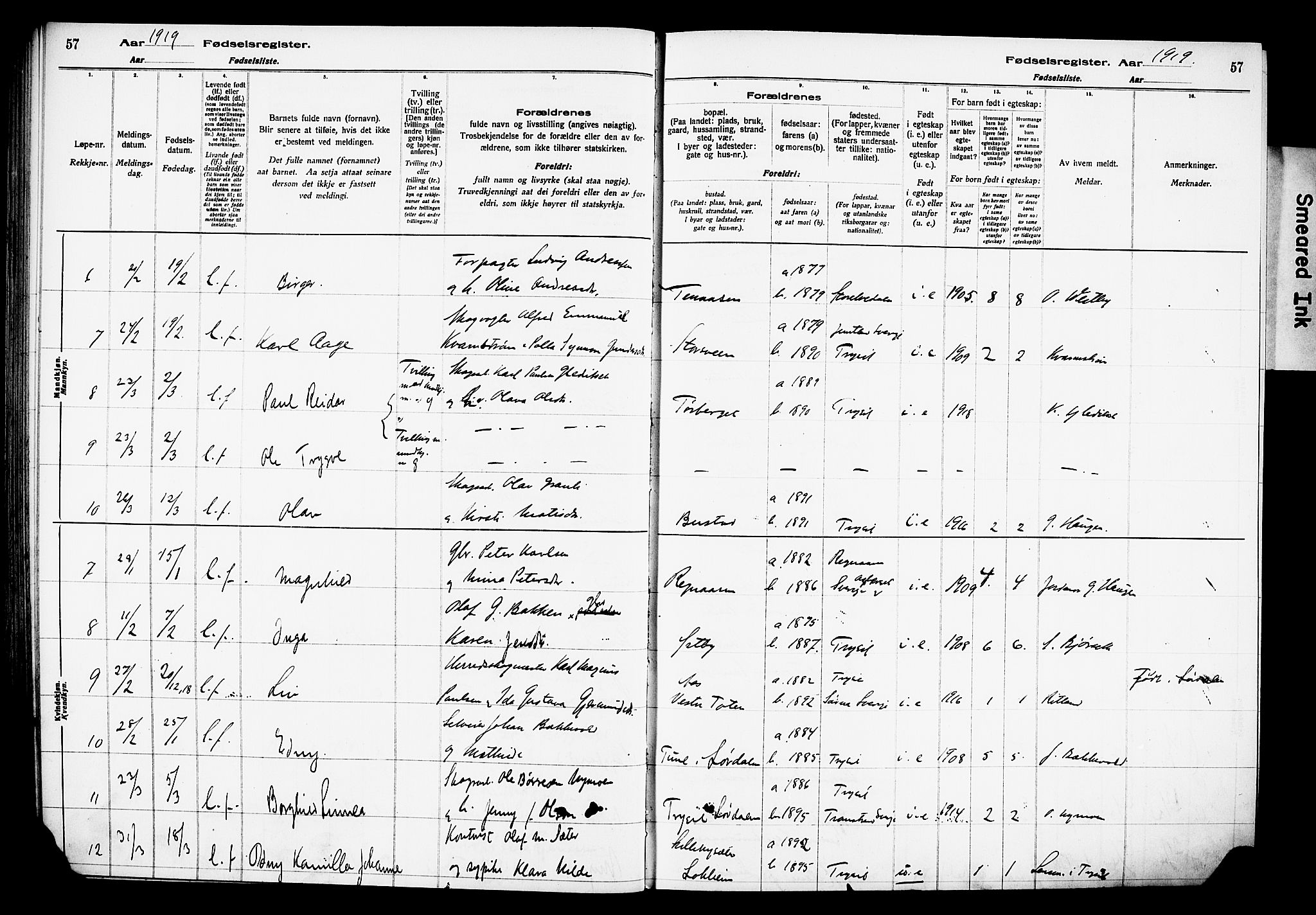 Trysil prestekontor, AV/SAH-PREST-046/I/Id/Ida/L0001: Fødselsregister nr. I 1, 1916-1927, s. 57