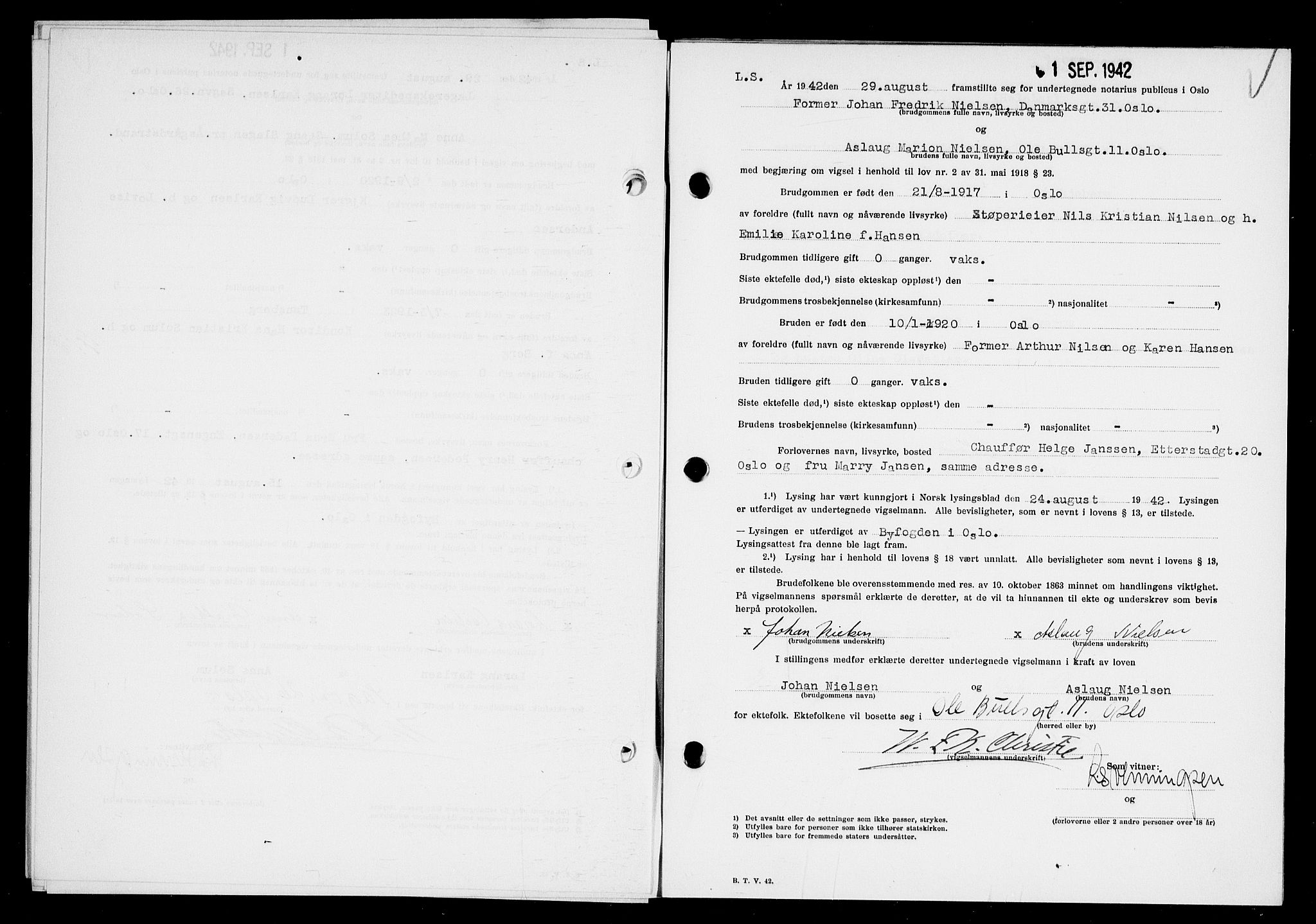 Oslo byfogd avd. I, AV/SAO-A-10220/L/Lb/Lbb/L0041: Notarialprotokoll, rekke II: Vigsler, 1942