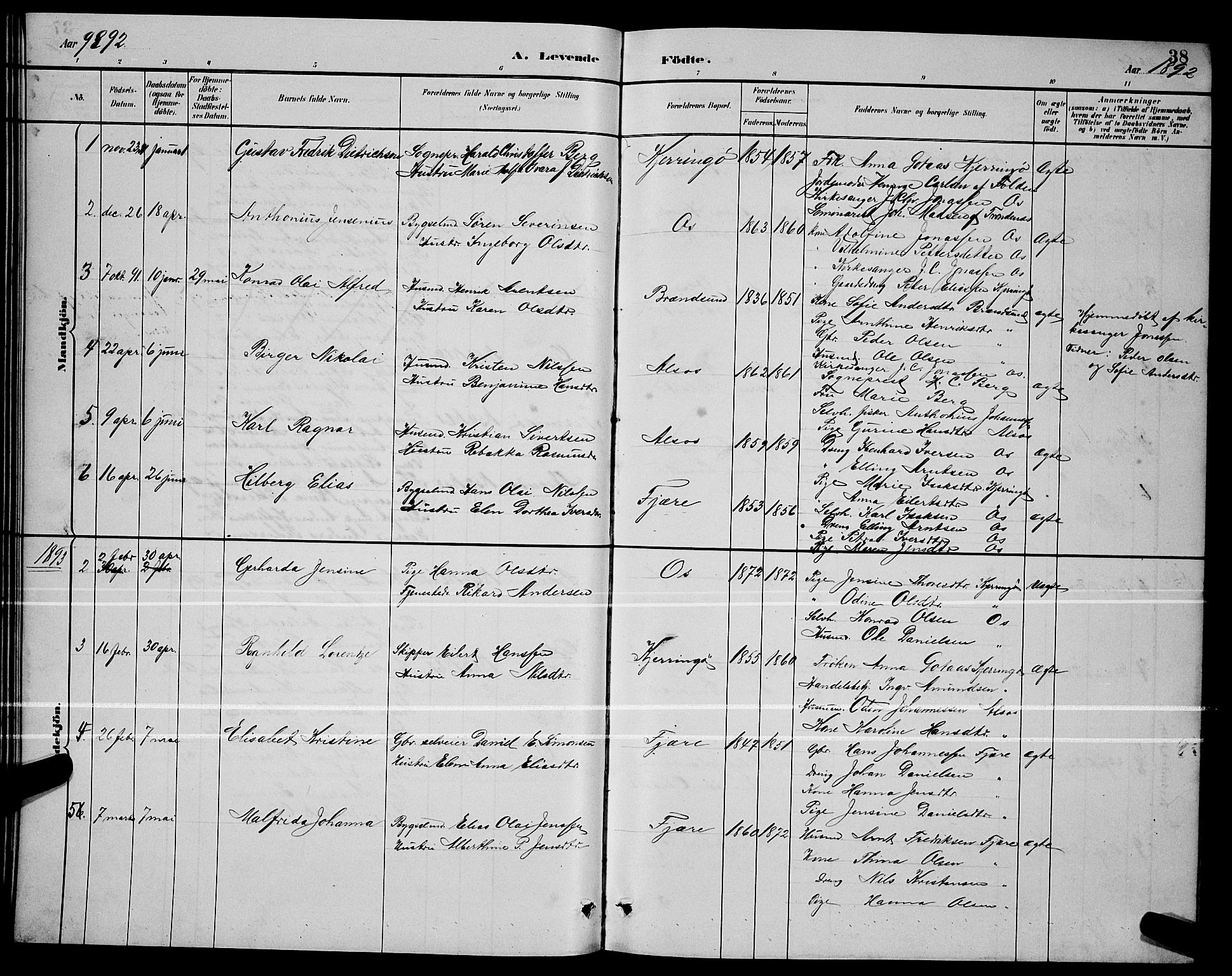 Ministerialprotokoller, klokkerbøker og fødselsregistre - Nordland, AV/SAT-A-1459/803/L0076: Klokkerbok nr. 803C03, 1882-1897, s. 38