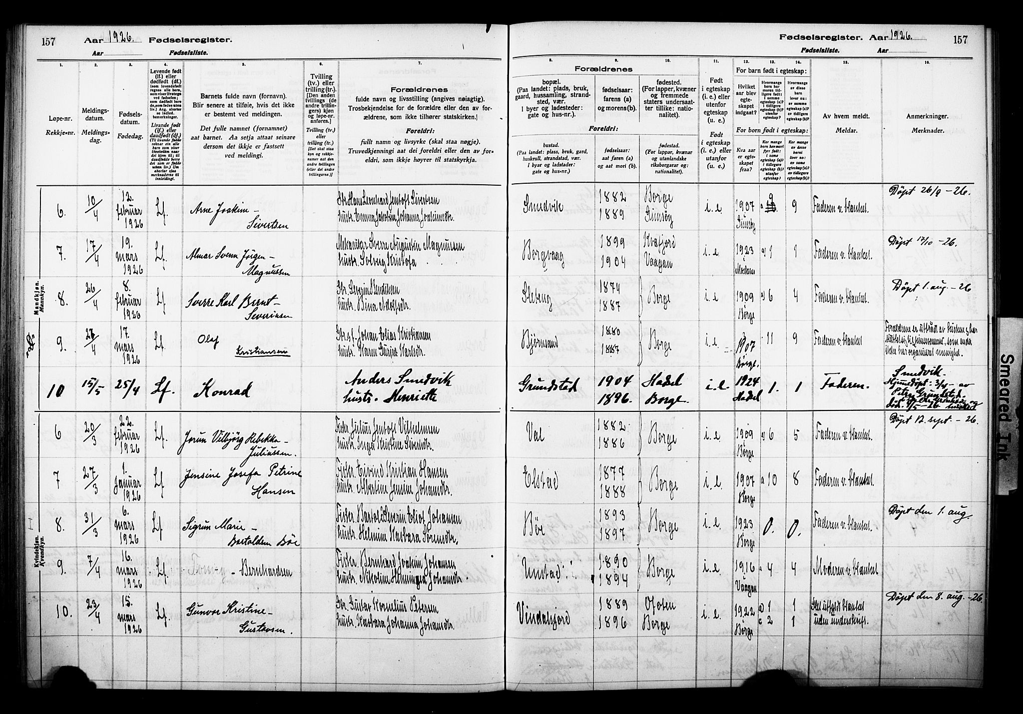 Ministerialprotokoller, klokkerbøker og fødselsregistre - Nordland, SAT/A-1459/880/L1145: Fødselsregister nr. 880.II.4.1, 1916-1929, s. 157