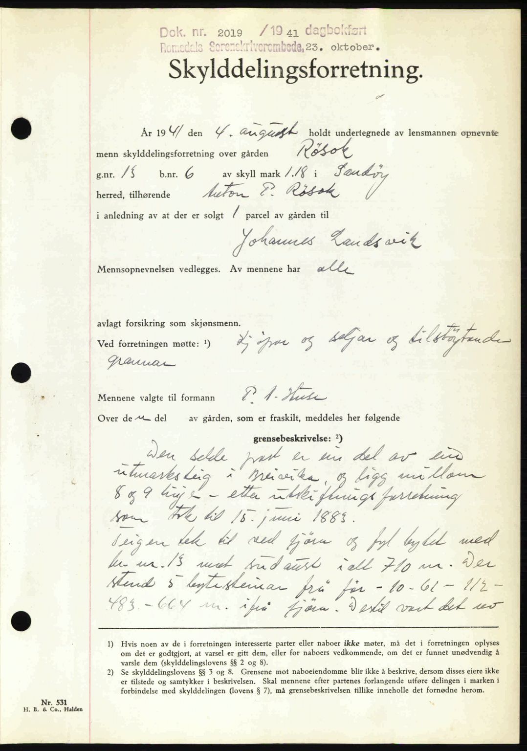 Romsdal sorenskriveri, AV/SAT-A-4149/1/2/2C: Pantebok nr. A11, 1941-1942, Dagboknr: 2019/1941