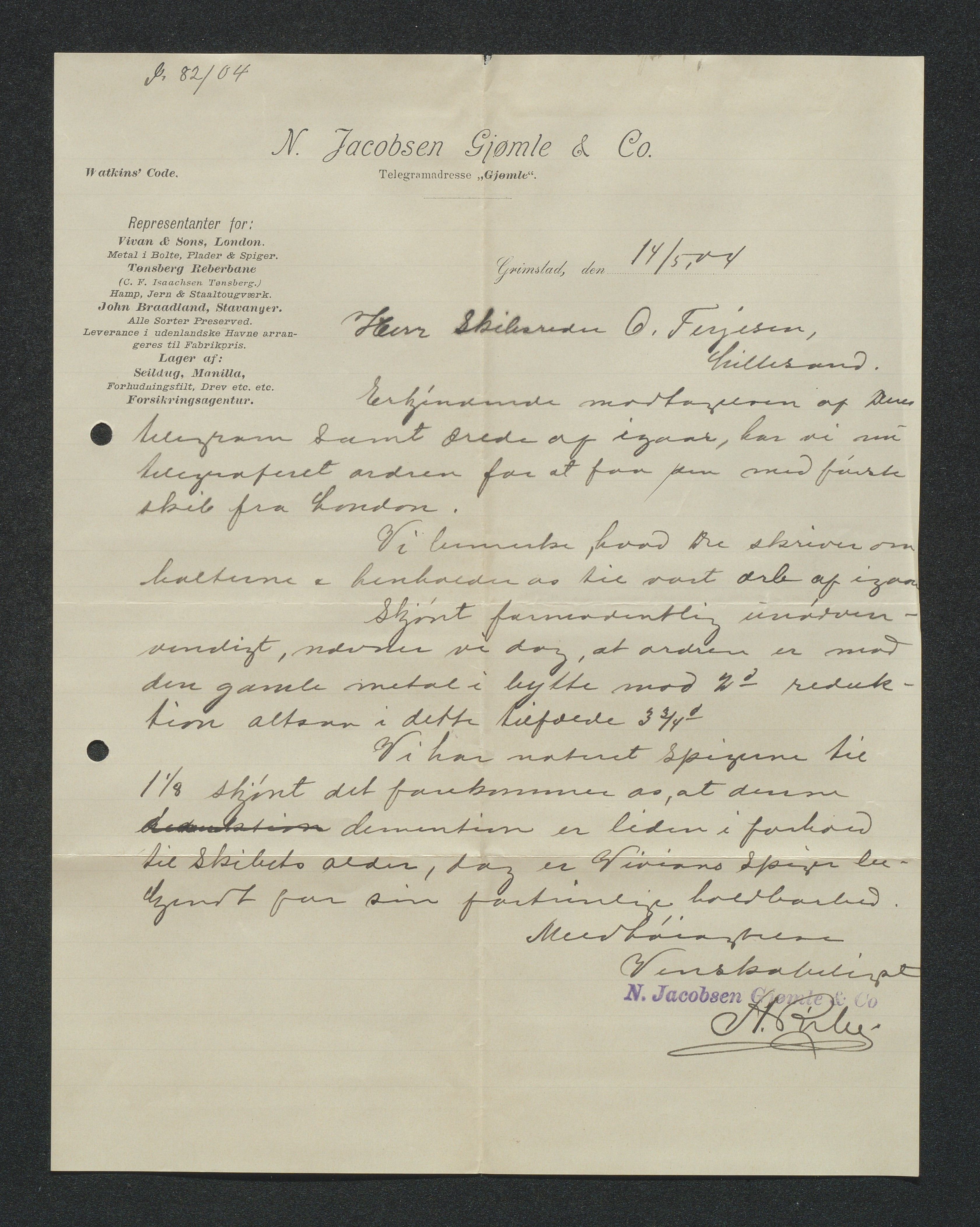 O. Terjesens rederi, AAKS/PA-2525/E/E01/L0013: Korrespondanse, 1904-1905