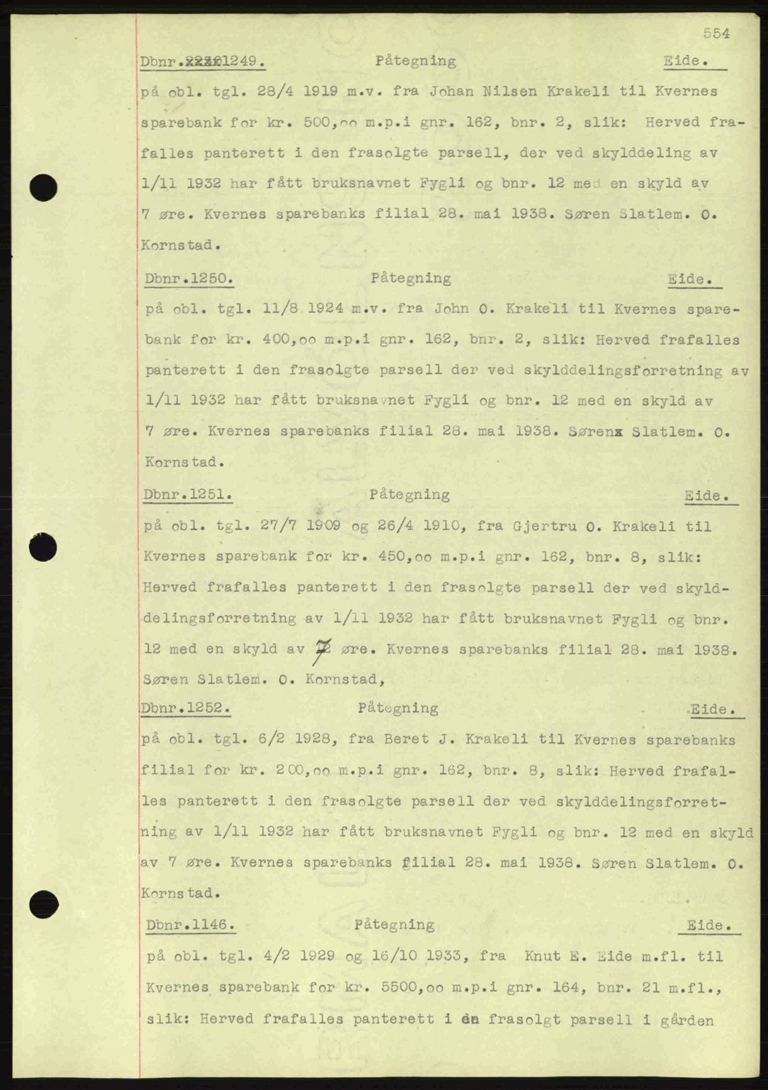 Nordmøre sorenskriveri, SAT/A-4132/1/2/2Ca: Pantebok nr. C80, 1936-1939, Dagboknr: 1249/1938