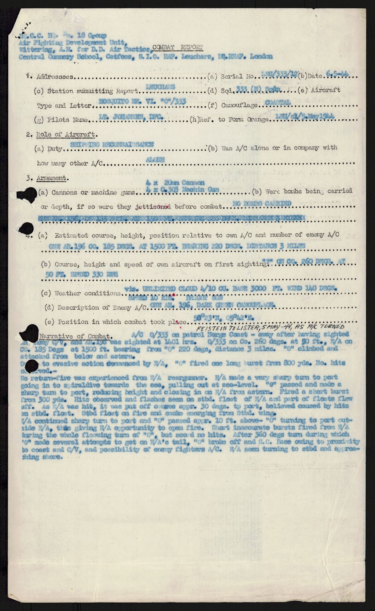 Forsvaret, 333 Skvadron, AV/RA-RAFA-2003/1/Da/L0041: Combat, Crash and and Circumstantial Reports , 1943-1945, s. 367