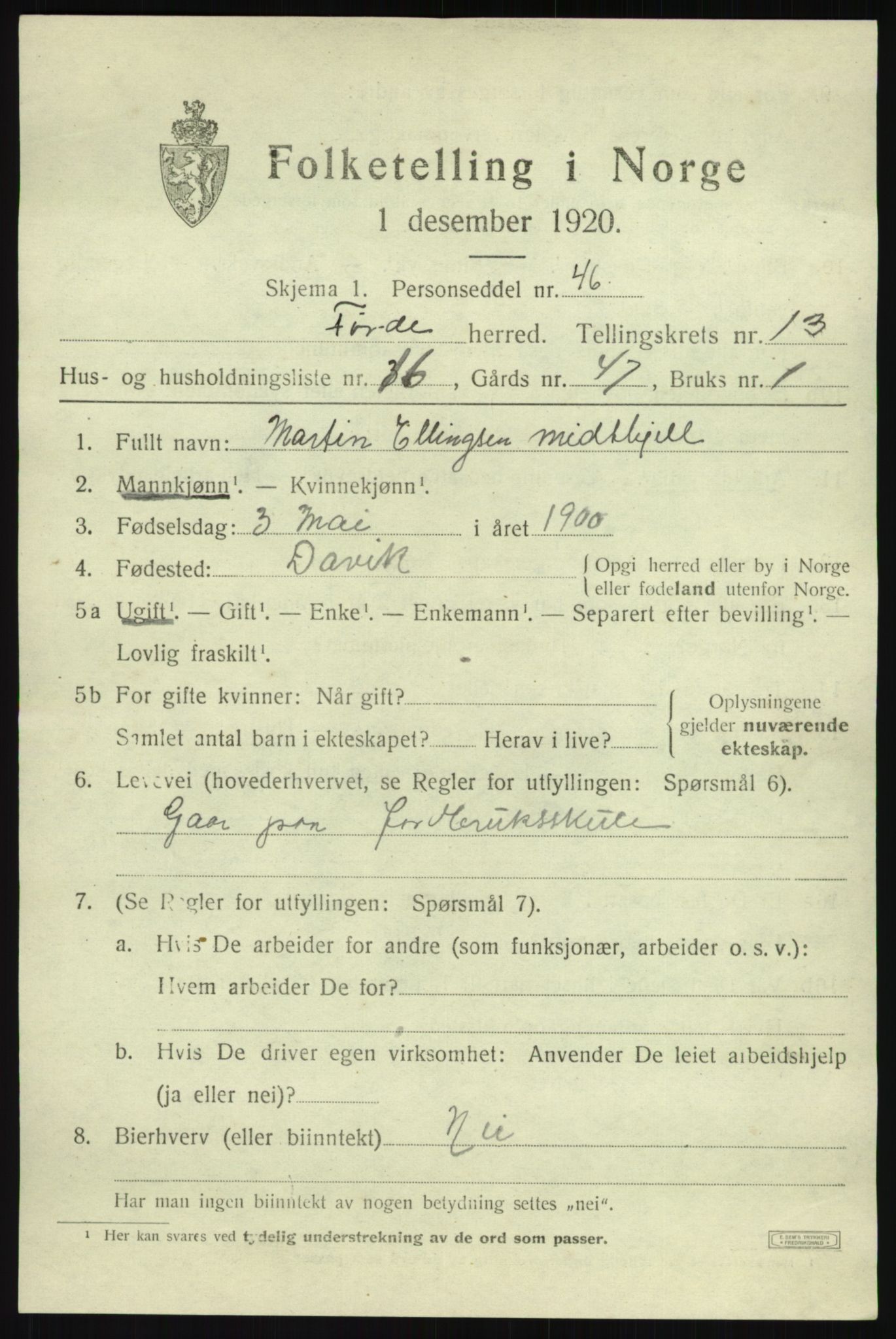 SAB, Folketelling 1920 for 1432 Førde herred, 1920, s. 4856