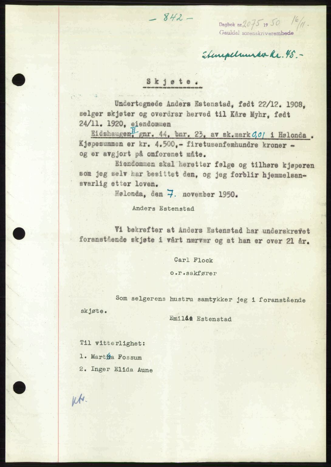Gauldal sorenskriveri, SAT/A-0014/1/2/2C: Pantebok nr. A11, 1950-1950, Dagboknr: 2075/1950