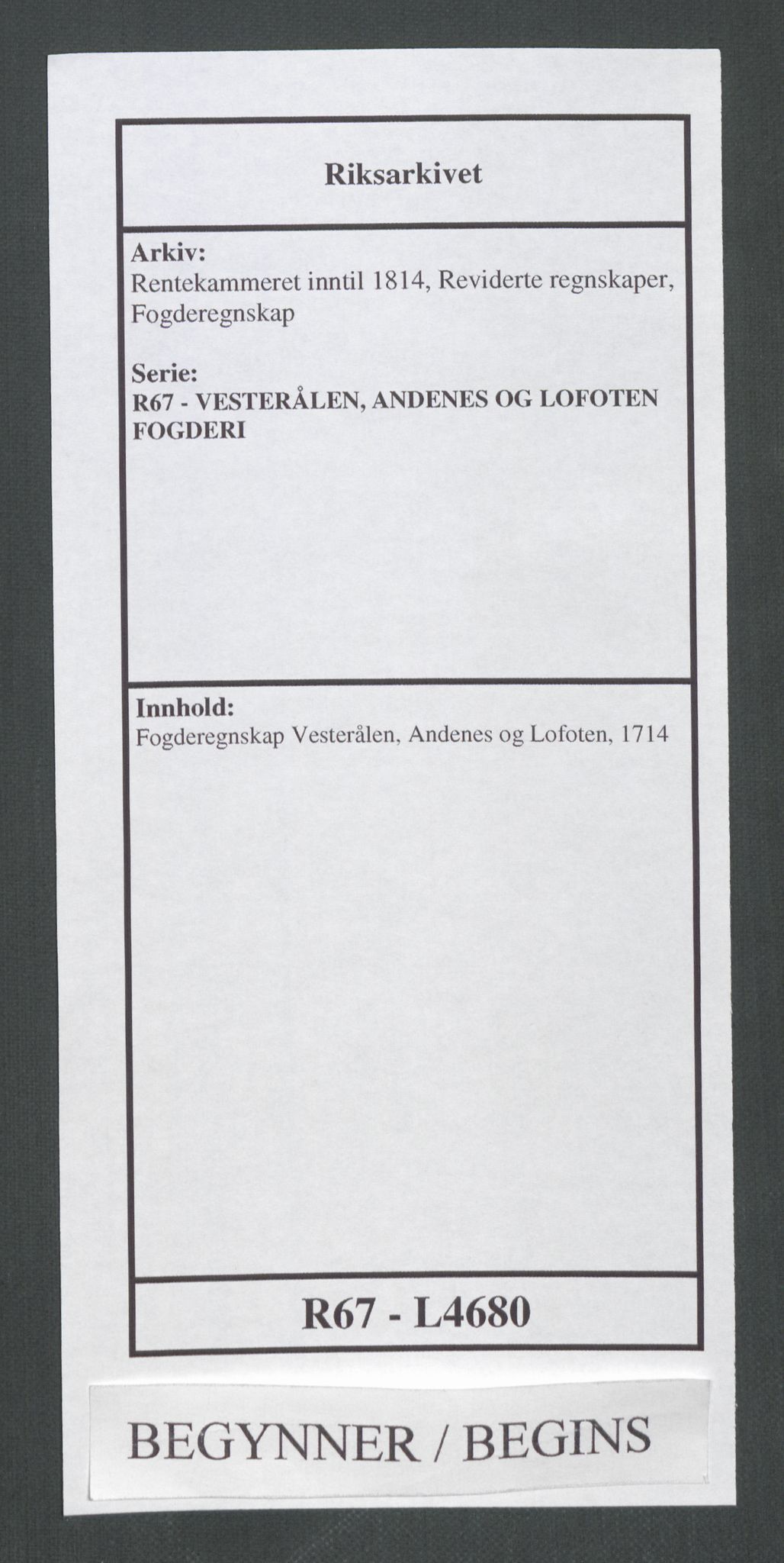 Rentekammeret inntil 1814, Reviderte regnskaper, Fogderegnskap, RA/EA-4092/R67/L4680: Fogderegnskap Vesterålen, Andenes og Lofoten, 1714, s. 1