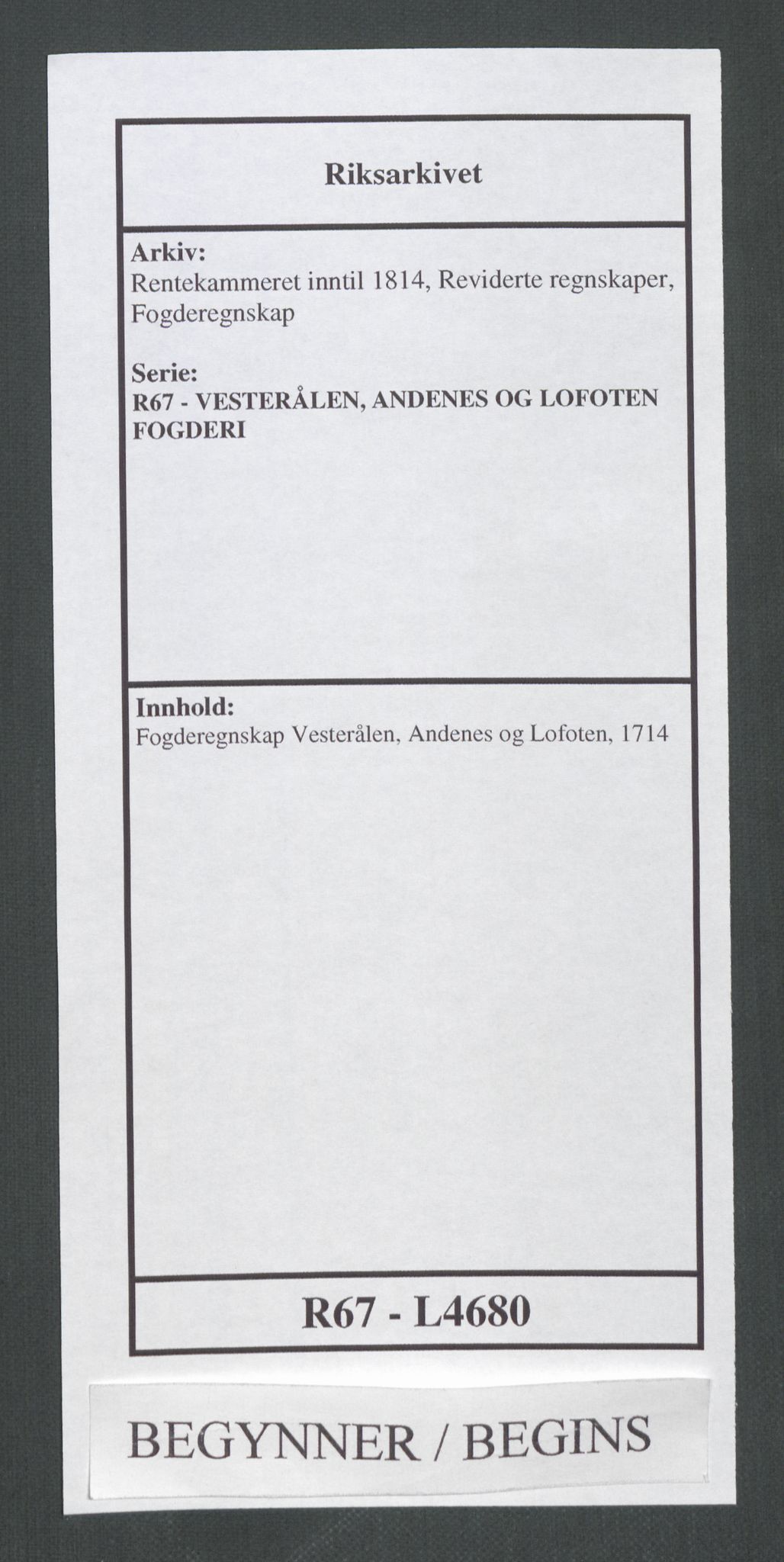 Rentekammeret inntil 1814, Reviderte regnskaper, Fogderegnskap, AV/RA-EA-4092/R67/L4680: Fogderegnskap Vesterålen, Andenes og Lofoten, 1714, s. 1