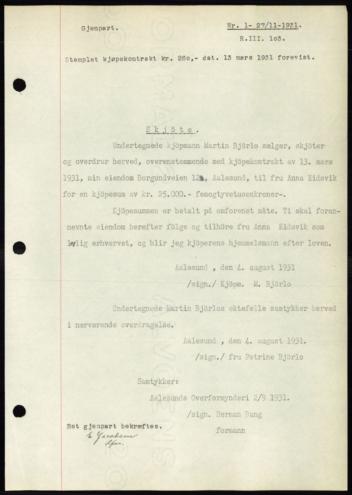 Ålesund byfogd, AV/SAT-A-4384: Pantebok nr. 29, 1931-1932, Tingl.dato: 27.11.1931