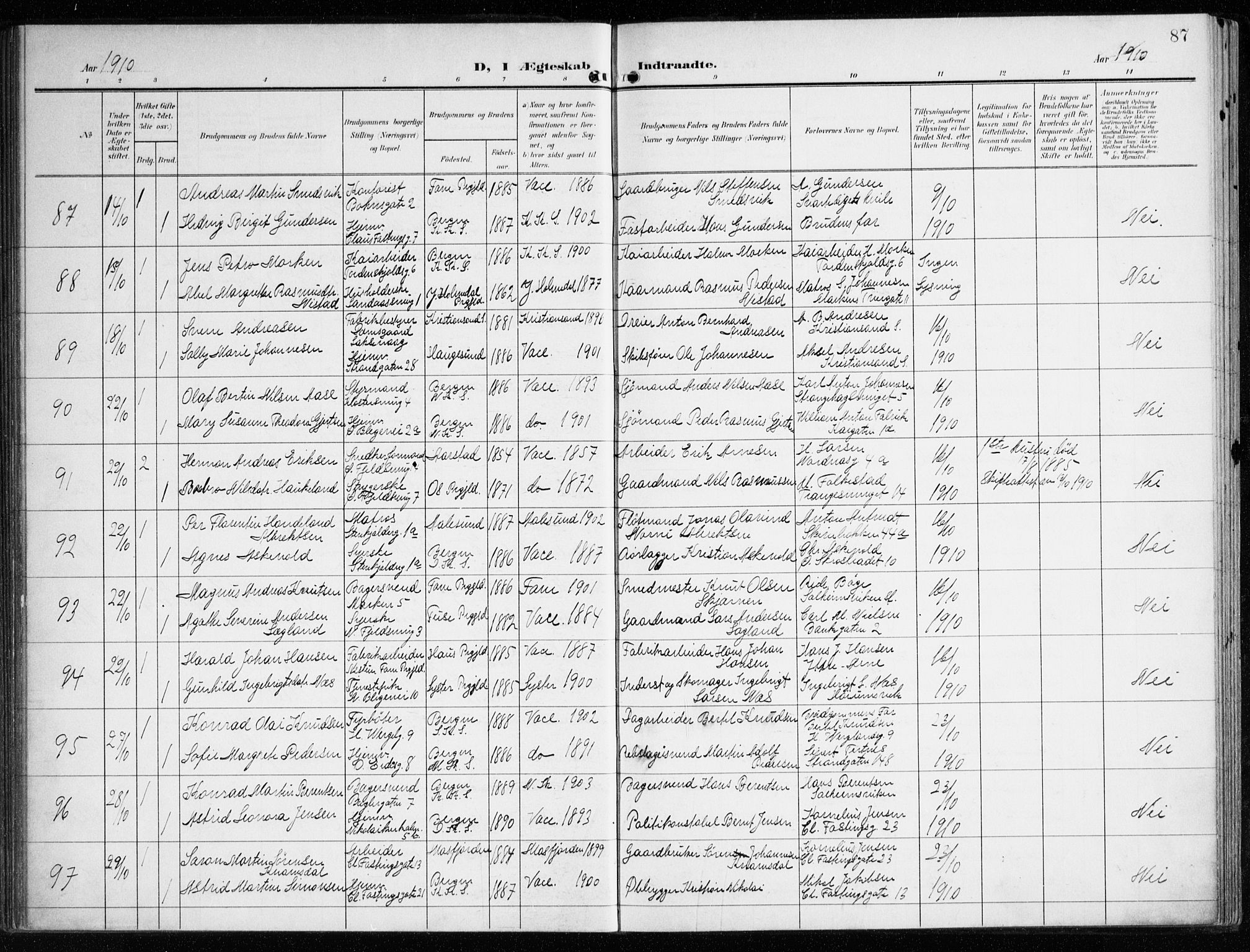 Korskirken sokneprestembete, AV/SAB-A-76101/H/Haa/L0038: Ministerialbok nr. D 5, 1904-1919, s. 87