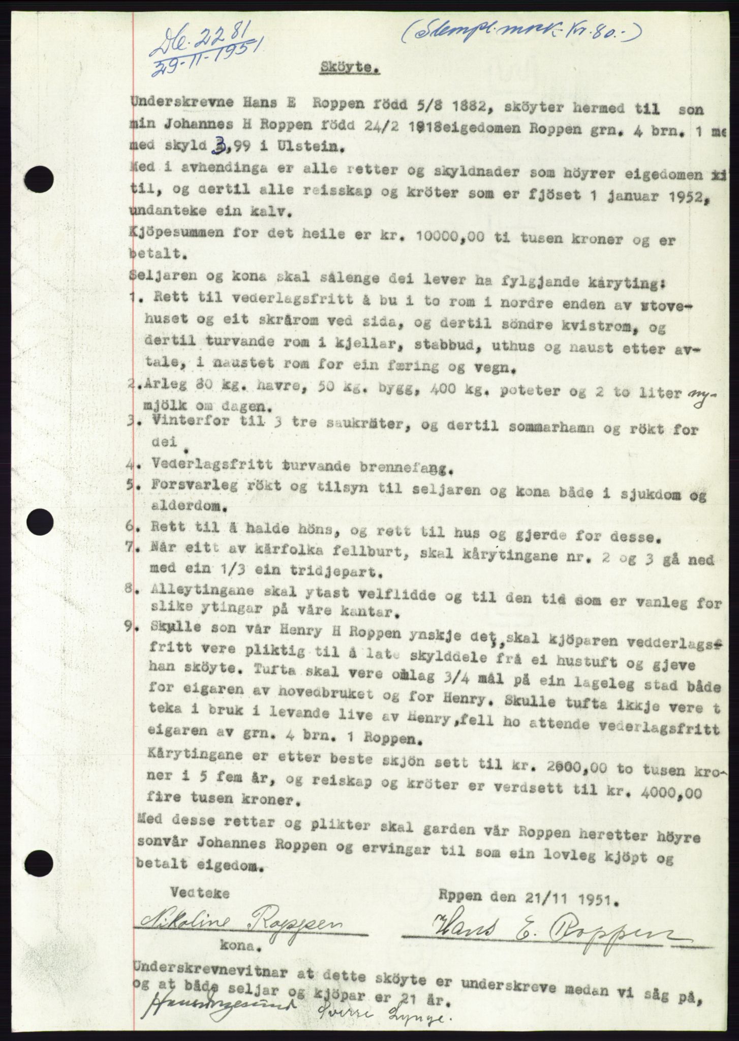 Søre Sunnmøre sorenskriveri, AV/SAT-A-4122/1/2/2C/L0090: Pantebok nr. 16A, 1951-1951, Dagboknr: 2281/1951