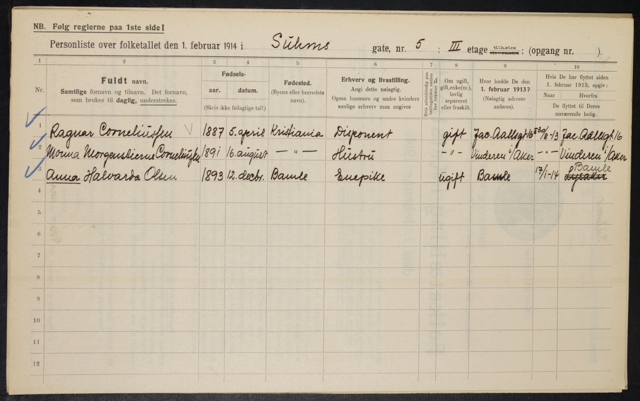 OBA, Kommunal folketelling 1.2.1914 for Kristiania, 1914, s. 105302