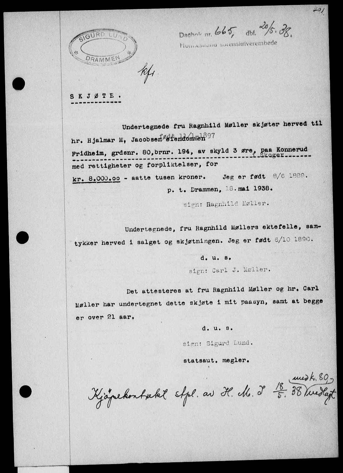 Holmestrand sorenskriveri, SAKO/A-67/G/Ga/Gaa/L0049: Pantebok nr. A-49, 1937-1938, Dagboknr: 665/1938
