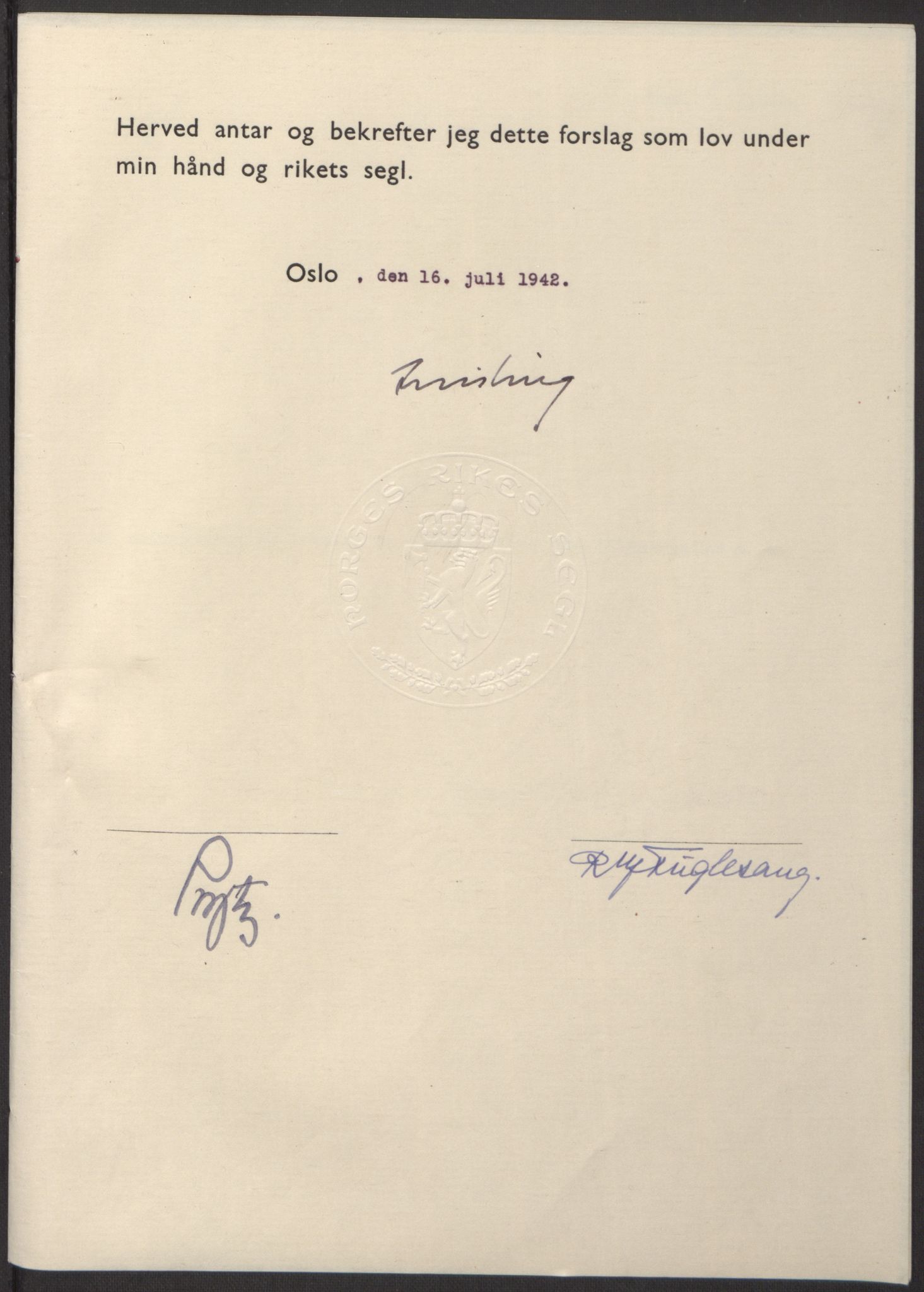 NS-administrasjonen 1940-1945 (Statsrådsekretariatet, de kommisariske statsråder mm), RA/S-4279/D/Db/L0098: Lover II, 1942, s. 213