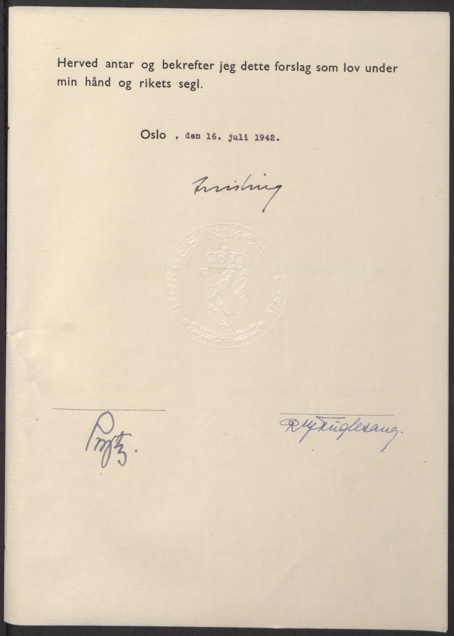 NS-administrasjonen 1940-1945 (Statsrådsekretariatet, de kommisariske statsråder mm), AV/RA-S-4279/D/Db/L0098: Lover II, 1942, s. 213