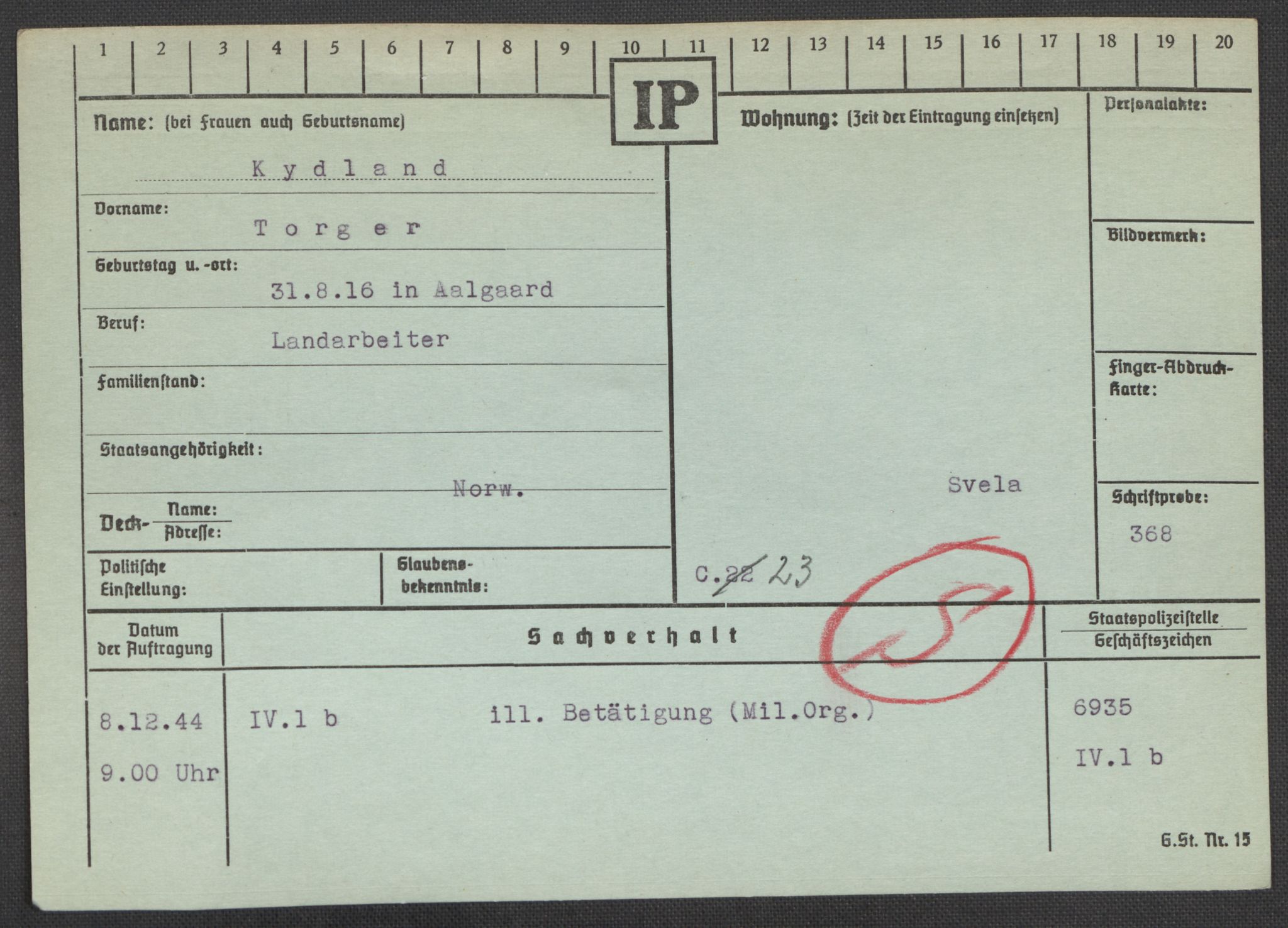 Befehlshaber der Sicherheitspolizei und des SD, RA/RAFA-5969/E/Ea/Eaa/L0006: Register over norske fanger i Møllergata 19: Kj-Lund, 1940-1945, s. 580