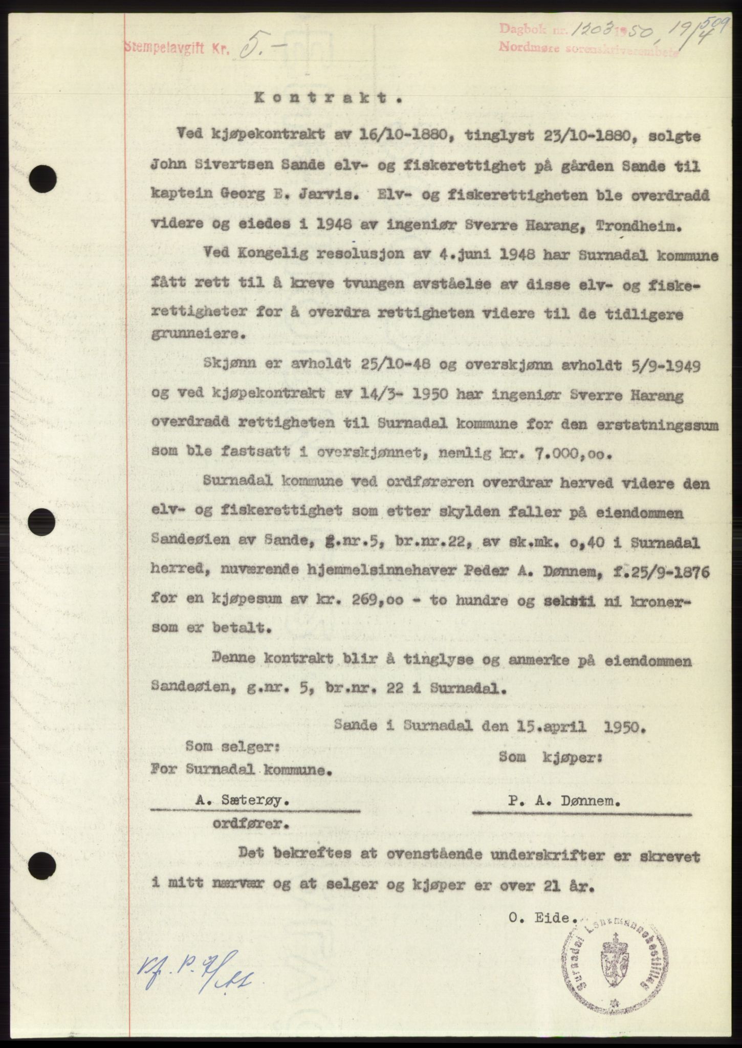 Nordmøre sorenskriveri, SAT/A-4132/1/2/2Ca: Pantebok nr. B104, 1950-1950, Dagboknr: 1203/1950