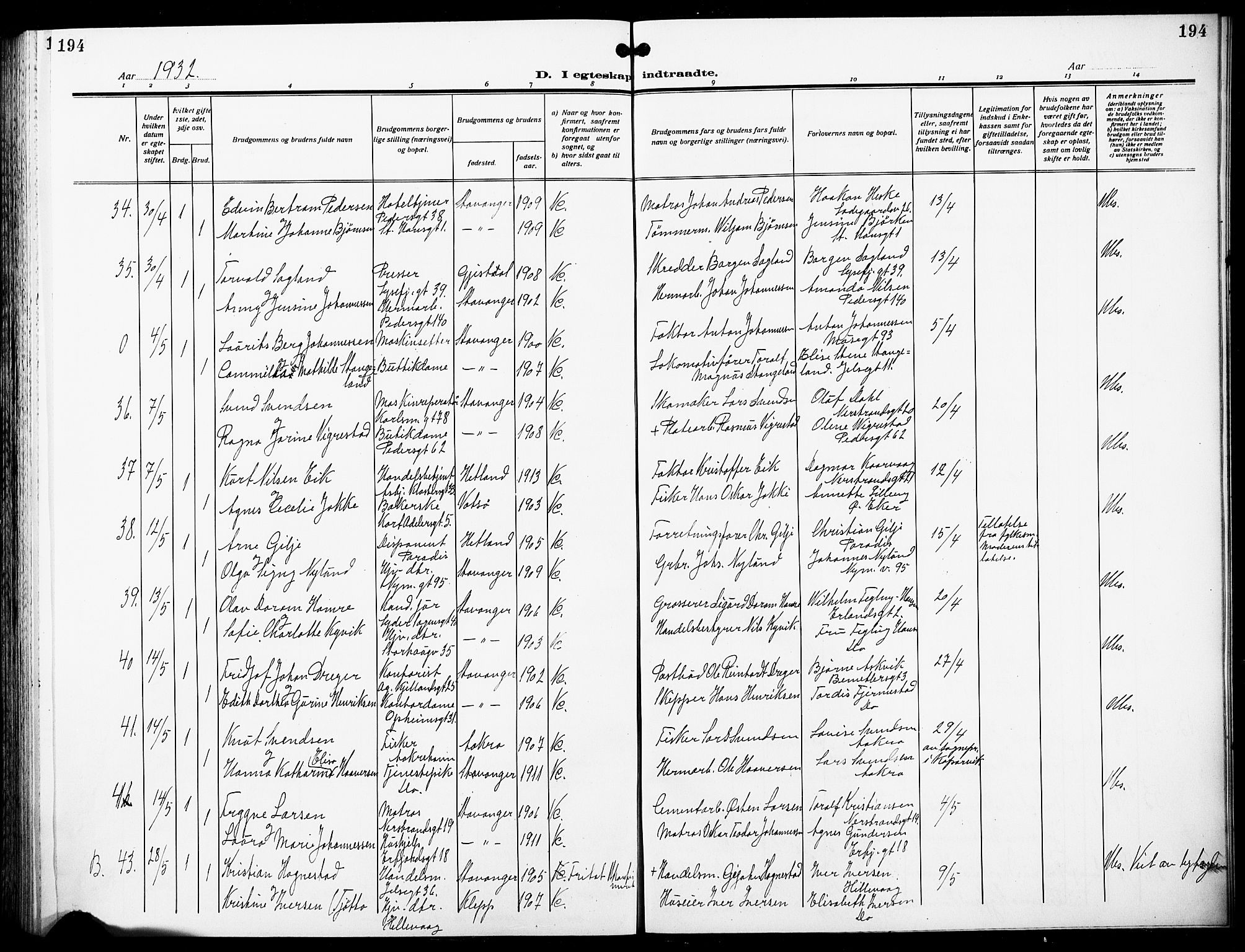 St. Johannes sokneprestkontor, AV/SAST-A-101814/001/30/30BB/L0007: Klokkerbok nr. B 7, 1917-1932, s. 194