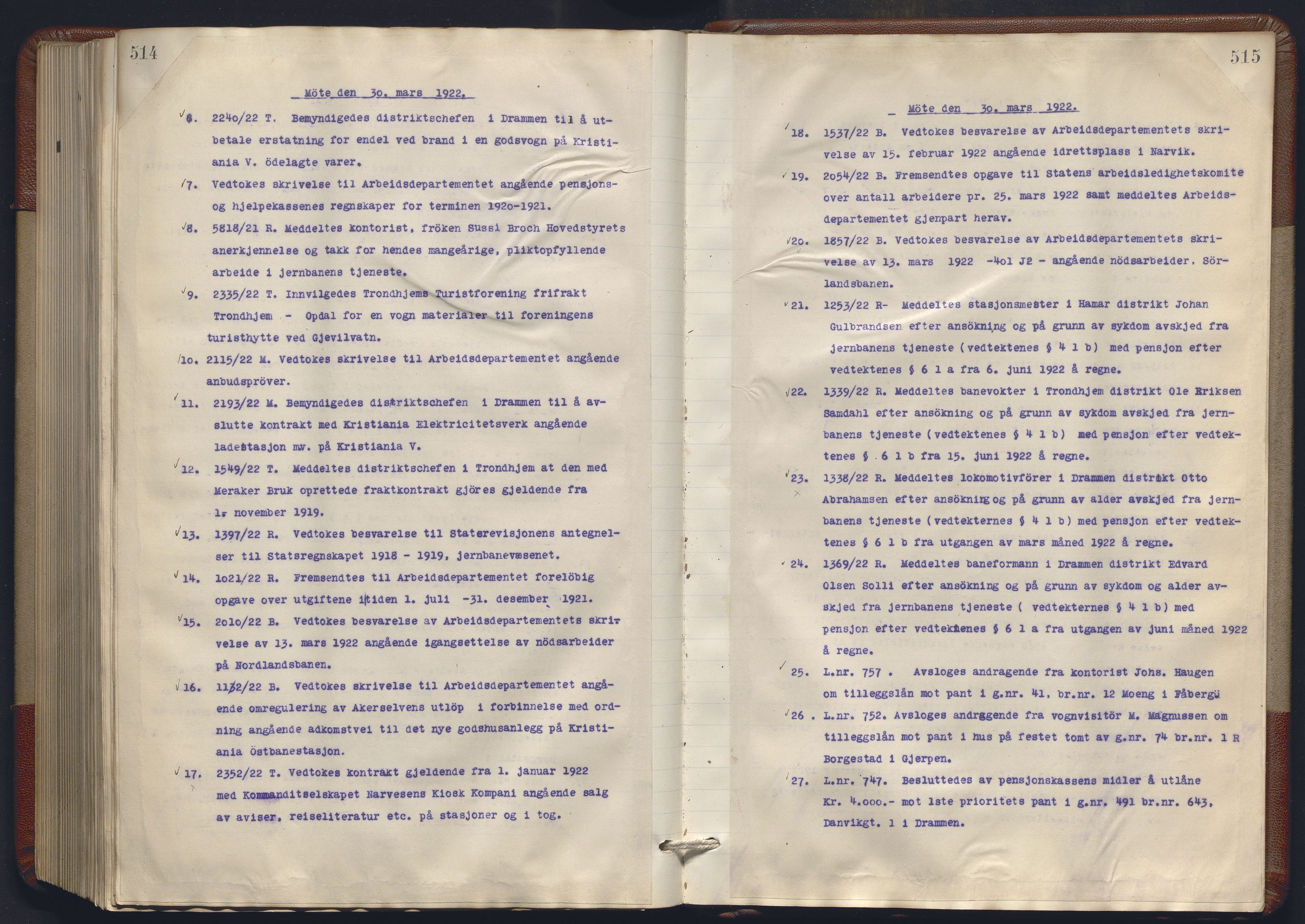 Norges statsbaner, Administrasjons- økonomi- og personalavdelingen, AV/RA-S-3412/A/Aa/L0018: Forhandlingsprotokoll, 1920-1922, s. 514-515