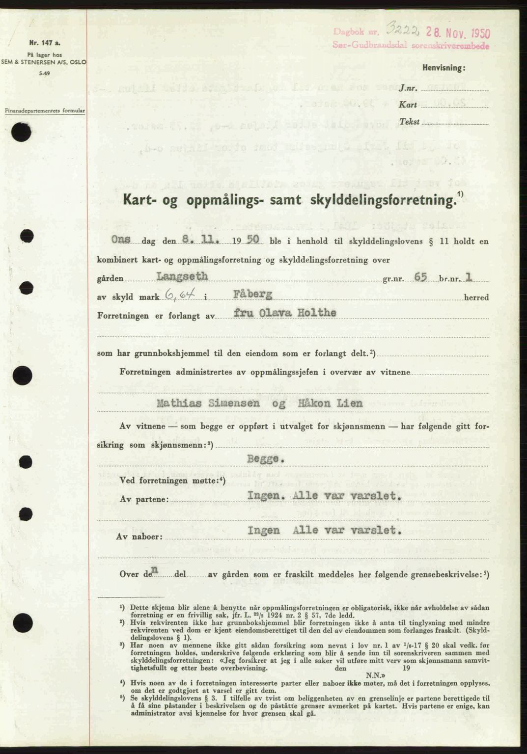 Sør-Gudbrandsdal tingrett, SAH/TING-004/H/Hb/Hbd/L0029: Pantebok nr. A29, 1950-1950, Dagboknr: 3222/1950