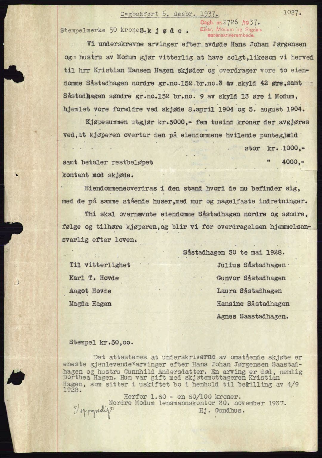 Eiker, Modum og Sigdal sorenskriveri, SAKO/A-123/G/Ga/Gab/L0036: Pantebok nr. A6, 1937-1937, Dagboknr: 2726/1937