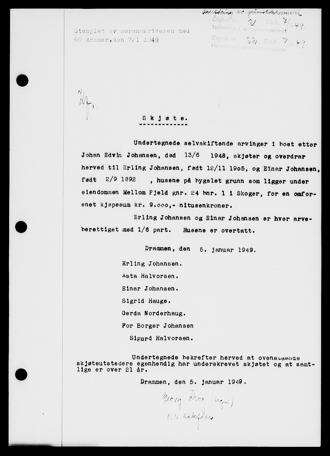 Holmestrand sorenskriveri, SAKO/A-67/G/Ga/Gaa/L0065: Pantebok nr. A-65, 1948-1949, Dagboknr: 21/1949