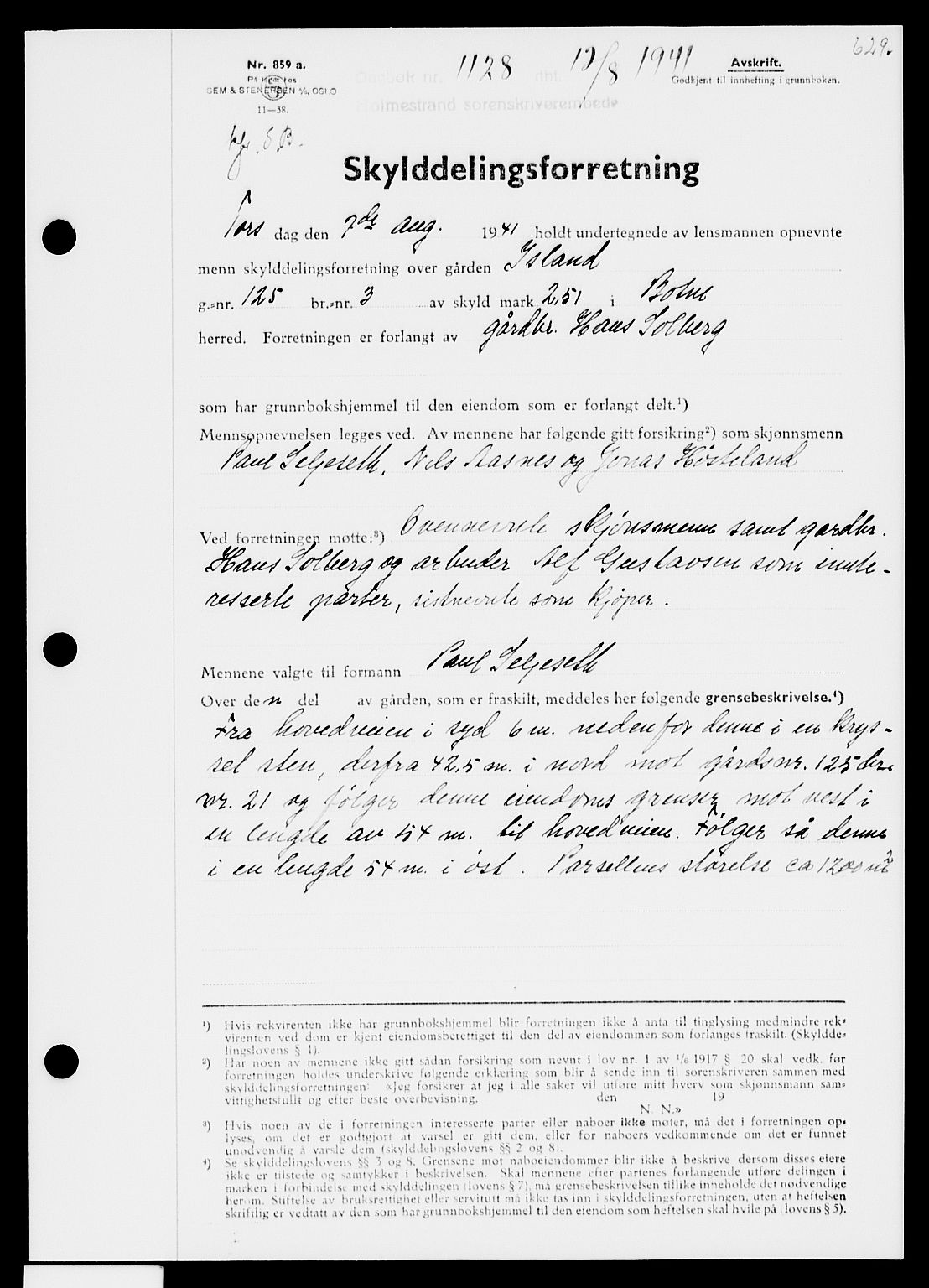 Holmestrand sorenskriveri, SAKO/A-67/G/Ga/Gaa/L0053: Pantebok nr. A-53, 1941-1941, Dagboknr: 1128/1941